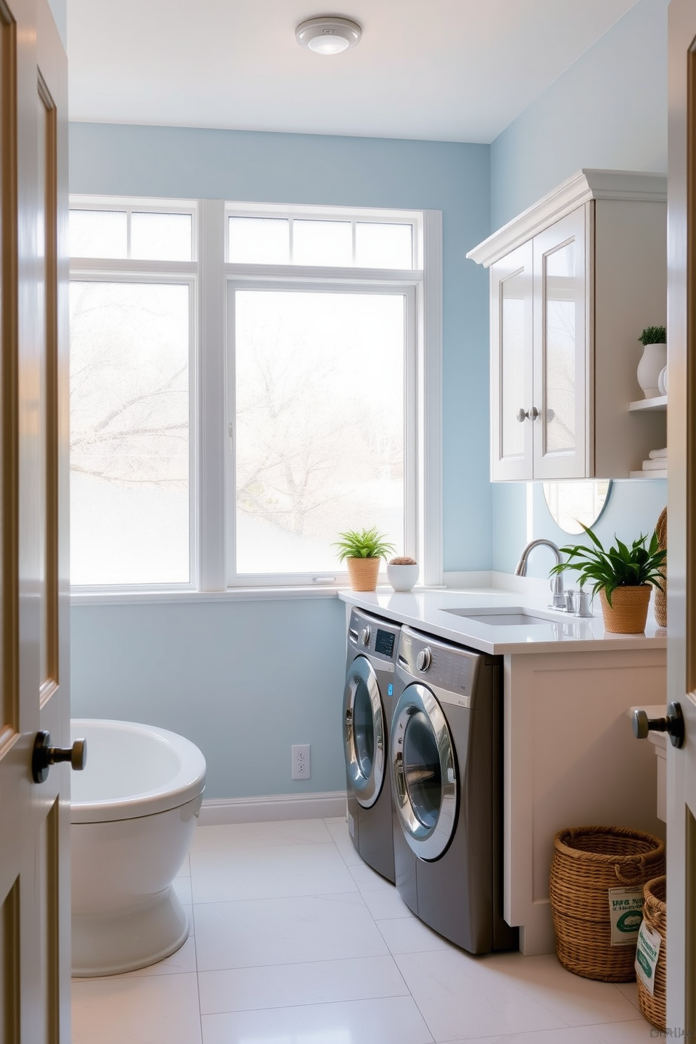 A bright and airy bathroom laundry room combo featuring frosted glass windows that allow natural light to filter in softly. The space includes a sleek washer and dryer tucked into custom cabinetry, with a stylish countertop above for folding laundry. The walls are painted in a calming light blue, complementing the white cabinetry and fixtures. Decorative elements such as potted plants and woven baskets add warmth and functionality to the design.