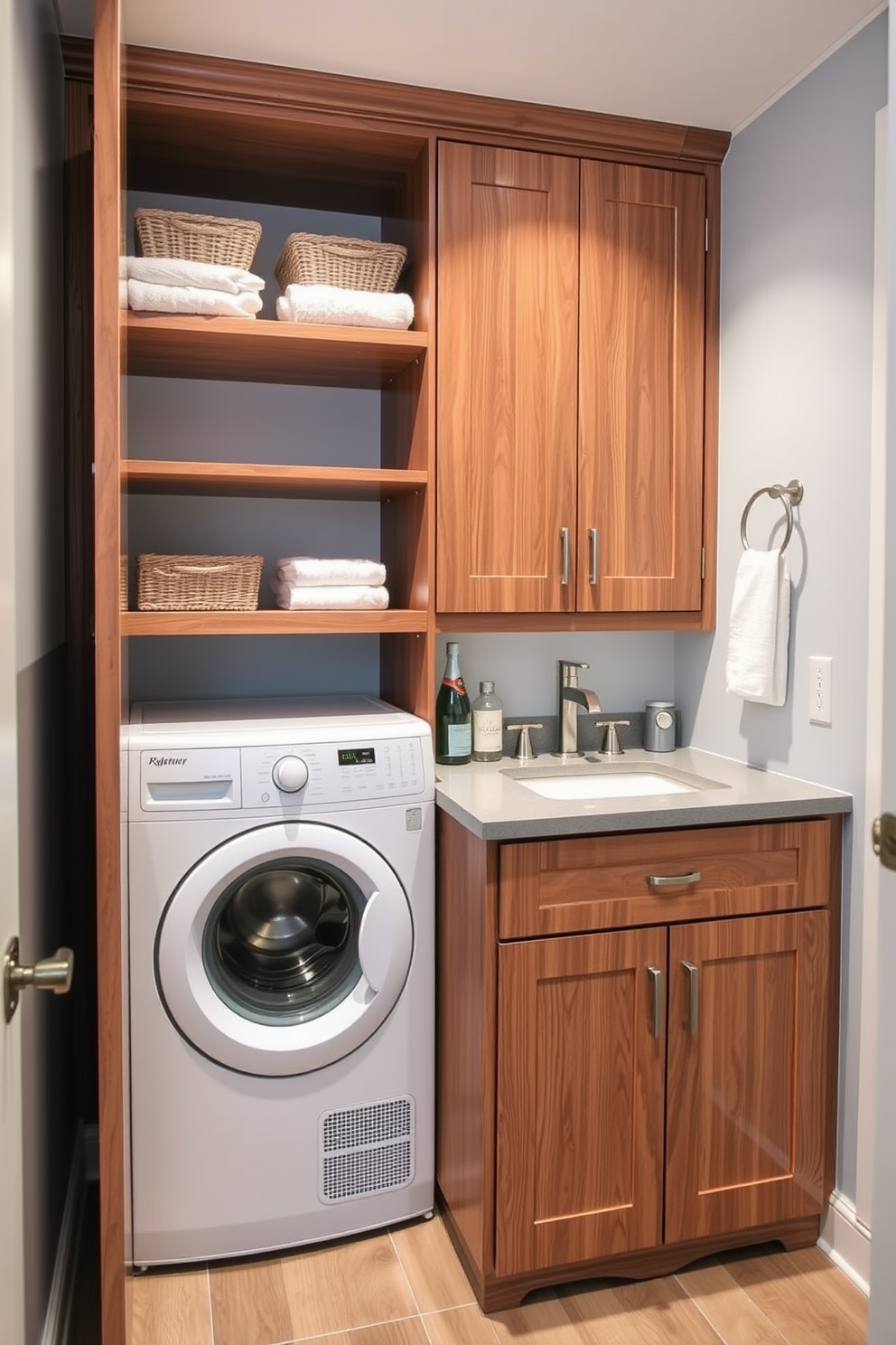 A stylish bathroom laundry room combo features a sleek, compact washer and dryer tucked behind a beautiful wooden cabinet. Above the appliances, open shelving displays neatly folded towels and decorative baskets, blending functionality with aesthetics. The centerpiece is a multi-functional vanity that serves as both a sink and a folding area for laundry. Soft, ambient lighting illuminates the space, enhancing the calming color palette of soft blues and whites throughout the room.