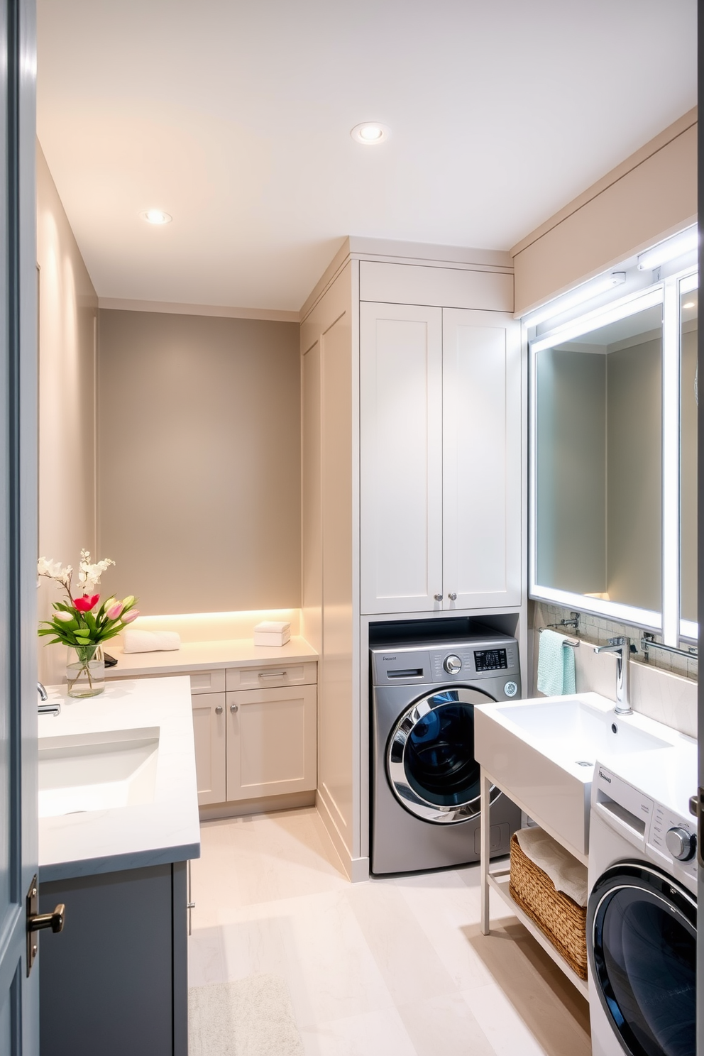 Recessed lighting illuminates the modern bathroom, creating a warm and inviting atmosphere. Sleek fixtures are strategically placed to highlight the contemporary design elements and enhance the overall aesthetic. The bathroom laundry room combo features a stylish washer and dryer seamlessly integrated into custom cabinetry. A chic countertop provides space for folding laundry, while soft colors and textures maintain a cohesive look throughout the space.