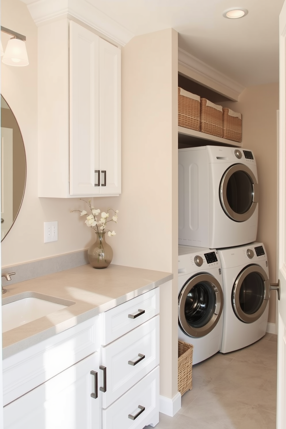 A serene bathroom laundry room combo featuring soft neutral tones throughout the space. The walls are painted in a light beige shade while the cabinetry is a crisp white, creating a calming atmosphere. The laundry area includes a stacked washer and dryer seamlessly integrated into the cabinetry. A large countertop in a light gray finish offers ample space for folding laundry, complemented by decorative baskets for organization.