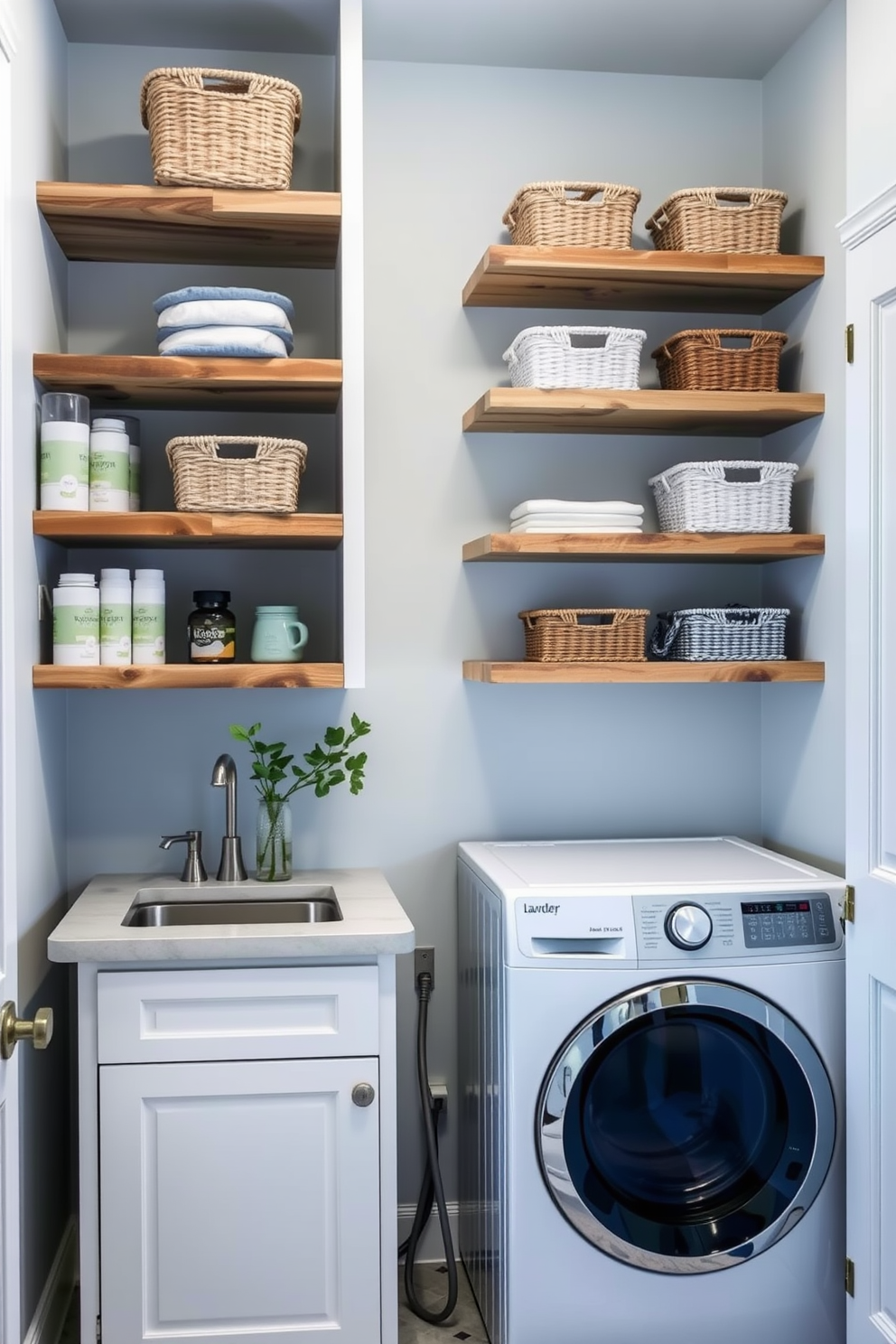 Open shelving lines the walls of a bright and airy laundry room, providing ample storage for laundry supplies and decorative baskets. The shelves are made of reclaimed wood, adding warmth and texture to the space while keeping everything organized and accessible. A stylish washer and dryer are seamlessly integrated into the cabinetry, surrounded by a soothing color palette of soft blues and whites. A small countertop area next to the appliances offers space for folding clothes, with a decorative plant adding a touch of greenery.