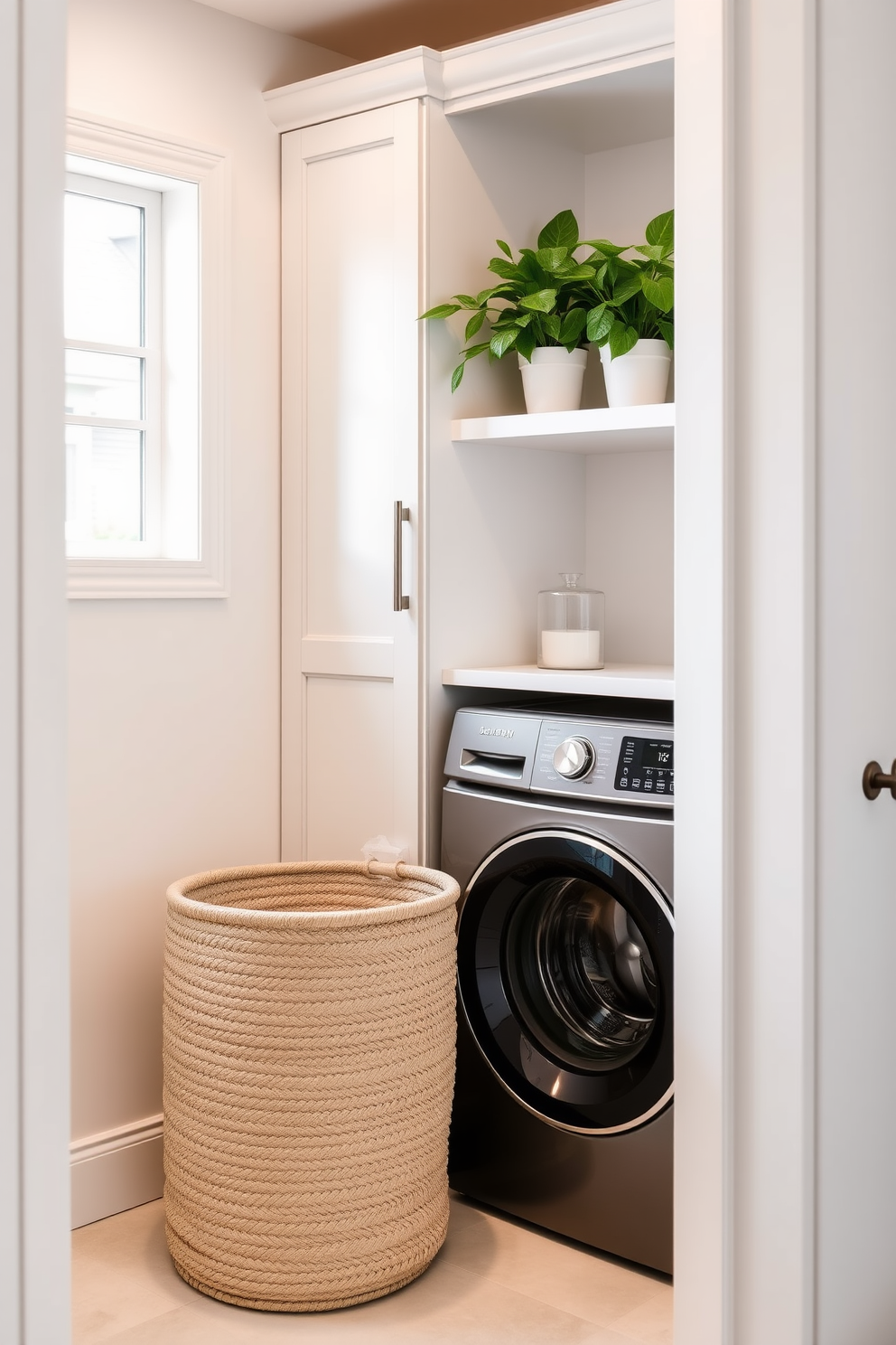 A stylish bathroom laundry room combo features a sleek washer and dryer tucked behind elegant cabinetry. The room is adorned with lush green plants placed on floating shelves, adding a fresh and vibrant touch to the space. The walls are painted in a soft pastel hue, creating a calming atmosphere. A modern laundry basket made of natural fibers sits beside the washer, complementing the overall design while maintaining functionality.