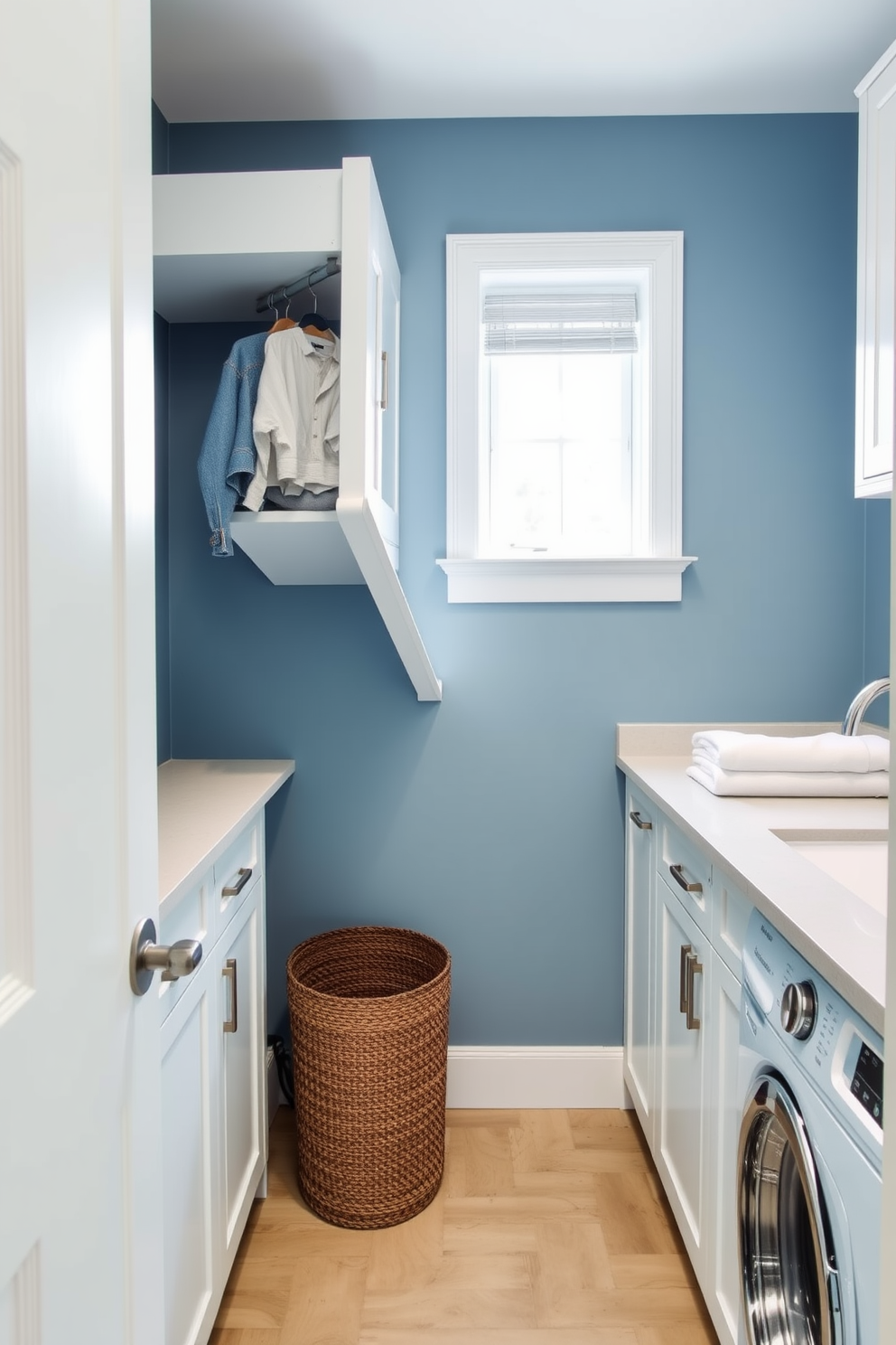 A functional laundry room design that incorporates a laundry chute for easy access. The space features a sleek countertop for folding clothes, with a built-in washing machine and dryer hidden behind cabinetry. The walls are painted in a soft blue hue, creating a calming atmosphere. A stylish basket is placed near the chute for collecting laundry, and a small window allows natural light to brighten the room.