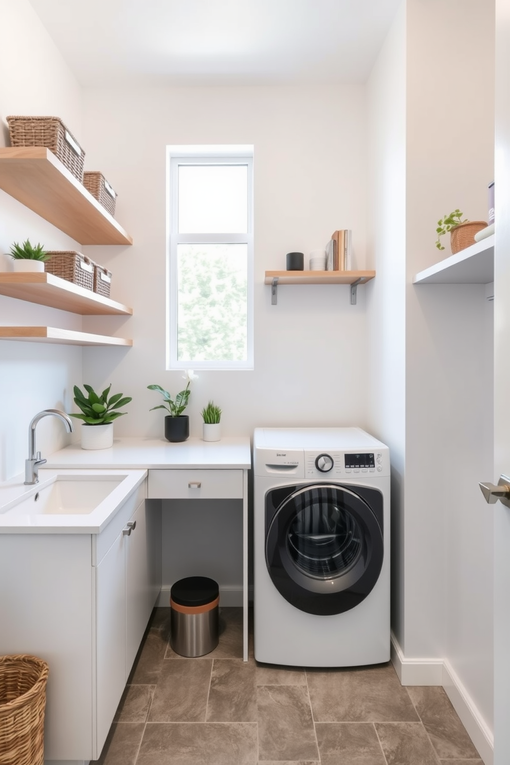 A bright and airy laundry room features sleek floating shelves made of light wood, showcasing neatly arranged baskets and potted plants. The walls are painted in a soft white hue, and the floor is adorned with large gray tiles for a modern minimalist look. Incorporating a combination of a laundry room and a bathroom, this space includes a compact washer and dryer tucked beneath a stylish countertop. Above, floating shelves display decorative items and essential toiletries, while a small window allows natural light to enhance the serene atmosphere.