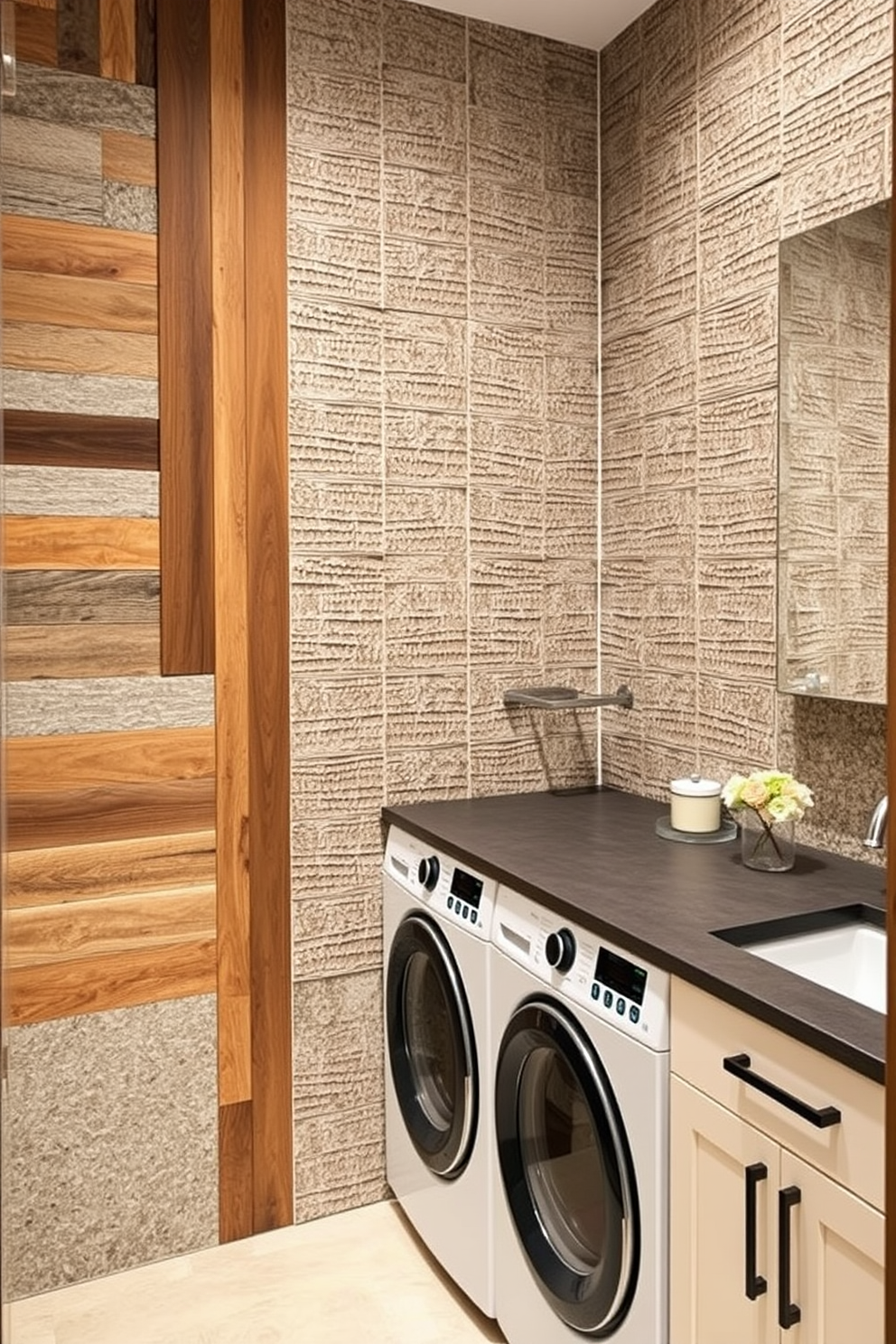 Custom cabinetry designed for personalized storage features sleek lines and a mix of open and closed shelving. The cabinetry is painted in a soft white hue, complemented by brushed nickel hardware for a modern touch. The bathroom laundry room combo includes a stacked washer and dryer neatly integrated into the cabinetry. A countertop above the appliances provides additional workspace, while a stylish laundry basket adds functionality and charm.