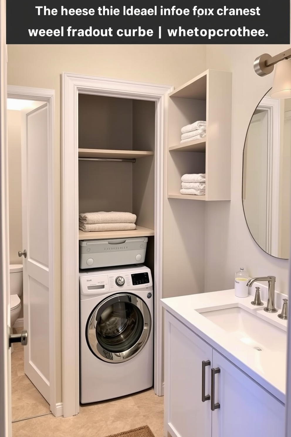 A functional laundry room that seamlessly integrates with the bathroom. The design features a pull-out drawer beneath a sleek countertop, providing easy access to laundry essentials while maintaining a clean aesthetic. The space includes a stackable washer and dryer positioned against a wall, with open shelving above for storage. Soft lighting illuminates the room, and a neutral color palette enhances the overall calm and organized atmosphere.