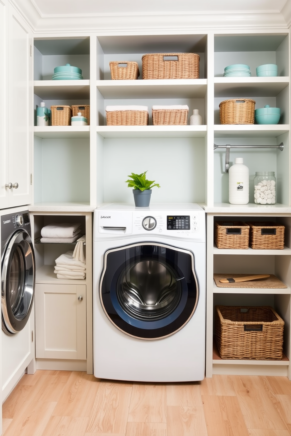 A stylish laundry room with color-coordinated supplies neatly arranged on open shelves. The walls are painted in a soft pastel shade, and the floor features light wood tiles for a warm ambiance. A combination washer and dryer unit is seamlessly integrated into the cabinetry, surrounded by decorative storage baskets. A small countertop area is provided for folding clothes, adorned with a potted plant for a touch of greenery.