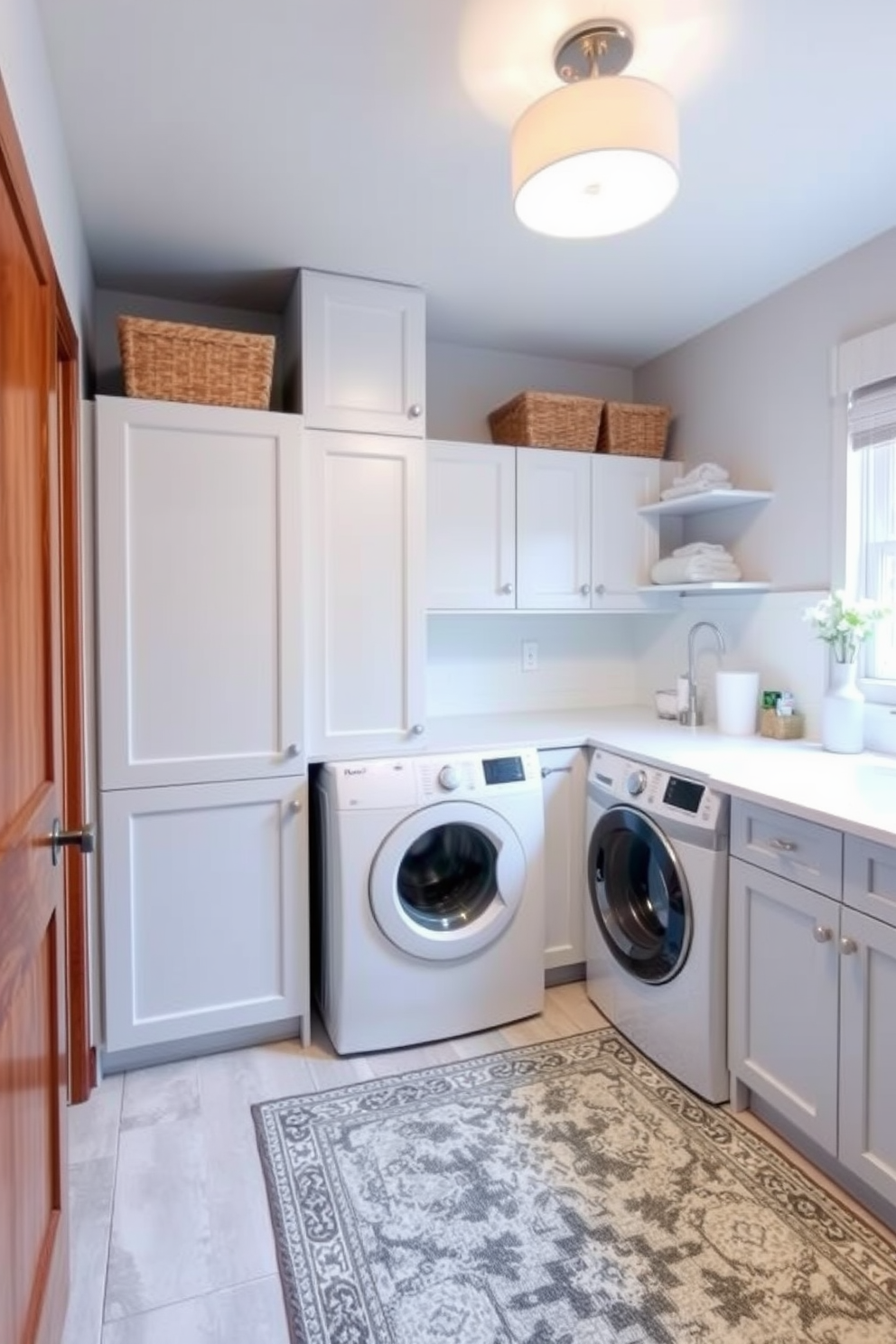 A stylish laundry room featuring glass doors that allow natural light to flow in, creating a bright and inviting atmosphere. The space includes a sleek washer and dryer set, with elegant cabinetry above for storage and organization. The walls are painted in a soft, neutral tone, complemented by a chic backsplash that adds a touch of sophistication. A countertop beside the appliances provides a convenient folding area, adorned with decorative baskets for added functionality.