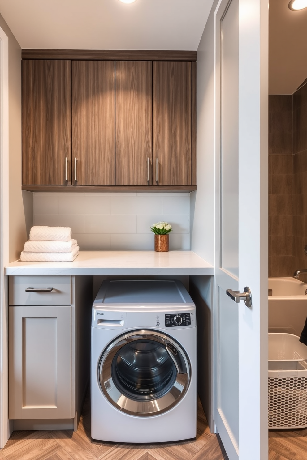 A stylish laundry room featuring floating shelves made of reclaimed wood. The walls are painted in a soft gray tone, and the floor is adorned with sleek white tiles. Incorporating a washer and dryer beneath the shelves creates a functional yet modern space. Decorative baskets and potted plants on the shelves add a touch of warmth and personality.