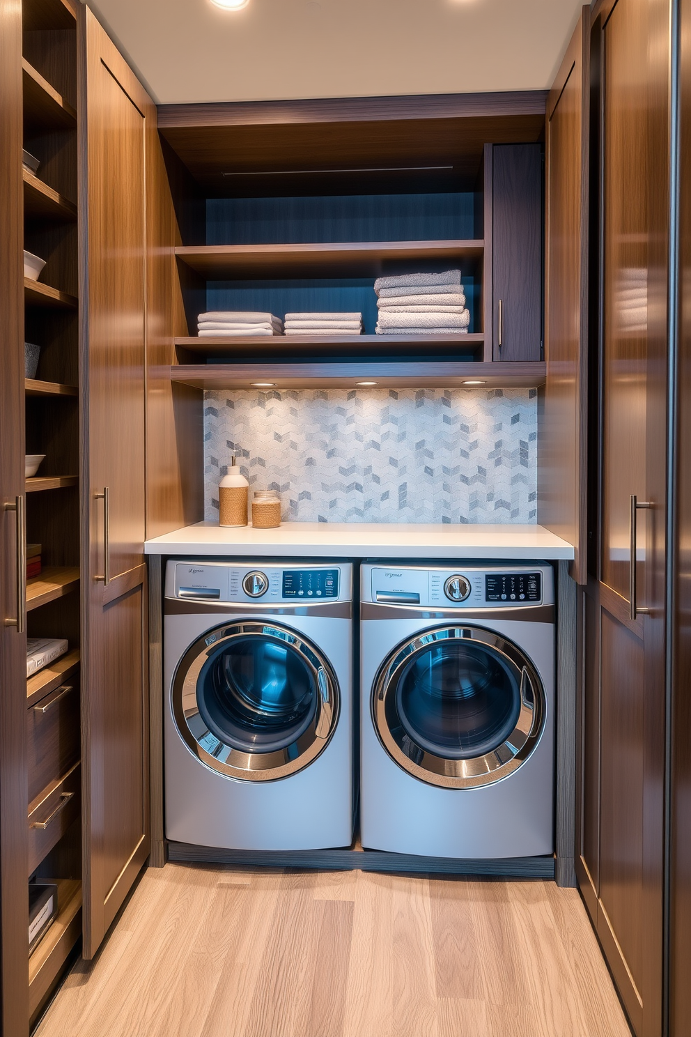 A stylish bathroom laundry room combo features a sleek washer and dryer tucked behind a set of elegant cabinetry. The cabinetry is painted in a soft gray, complemented by a white countertop that provides a functional folding space. Incorporate a textured backsplash with subway tiles in varying shades of blue to add depth and character. A woven basket sits on the countertop, adding warmth and serving as storage for laundry essentials.