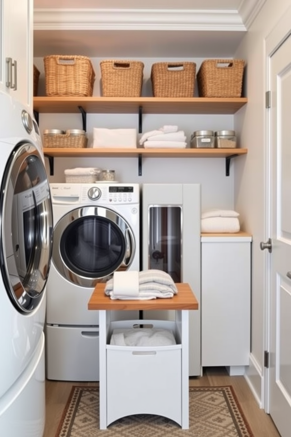 A cozy bathroom laundry room combo features a small folding table positioned against the wall, providing a convenient space for sorting and folding laundry. The walls are painted in a soft blue hue, complemented by white cabinetry that offers ample storage for toiletries and laundry supplies.