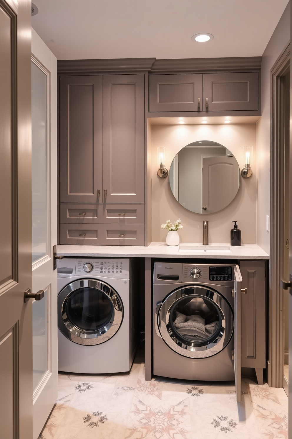 A stylish dual-purpose vanity seamlessly integrates laundry storage in a modern bathroom. The vanity features a sleek countertop with ample space for a sink, while hidden compartments provide convenient laundry solutions. The room is designed with a harmonious color palette that blends functionality with elegance. Soft lighting illuminates the space, highlighting the thoughtful organization and aesthetic appeal of the laundry room combo.