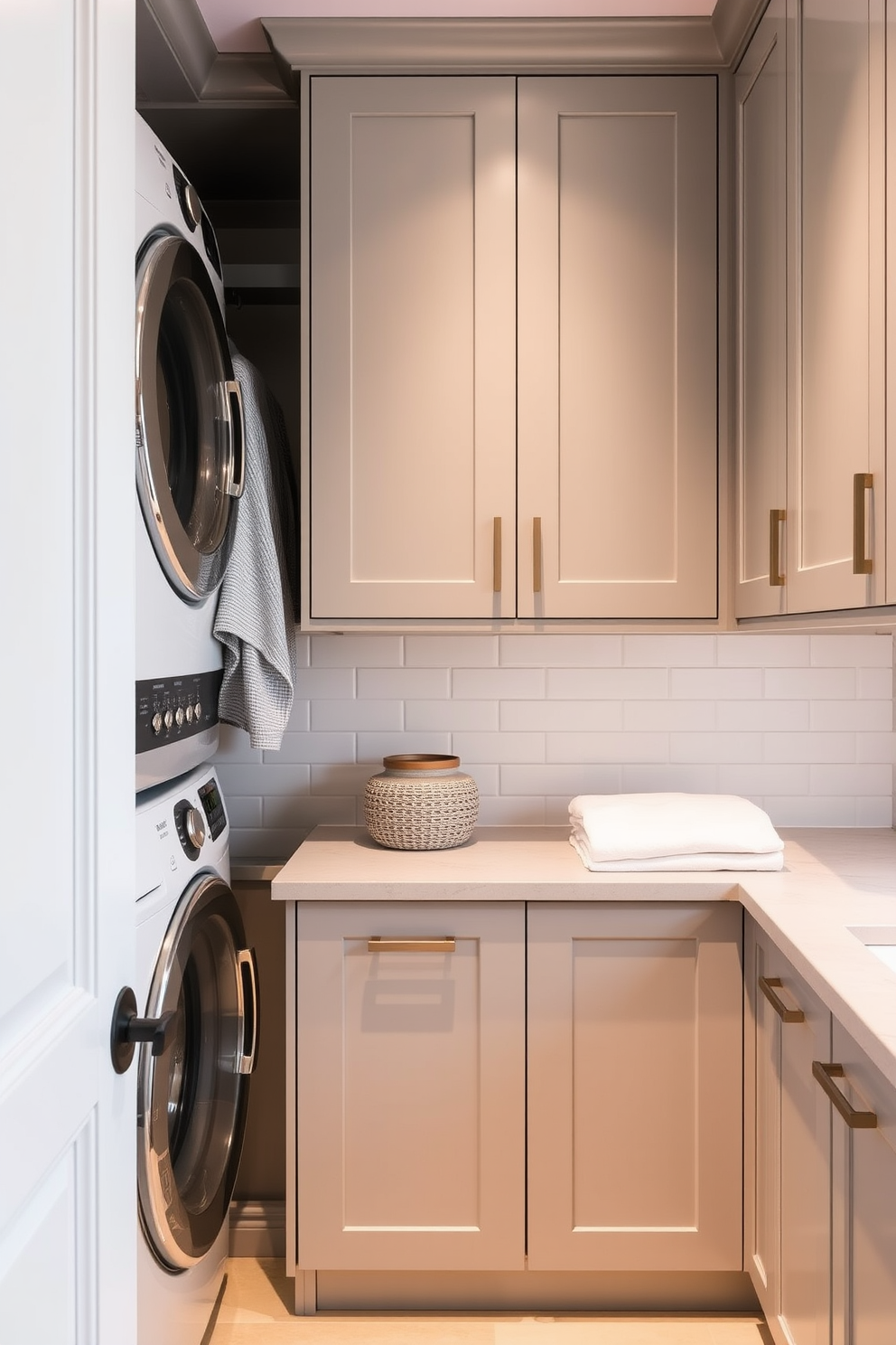 A modern dual-purpose sink is seamlessly integrated into a stylish bathroom laundry room combo. The sink features a sleek design with a brushed nickel faucet, surrounded by ample countertop space for folding laundry. The room is designed with a practical layout, showcasing a stacked washer and dryer tucked away behind elegant cabinetry. Soft lighting illuminates the space, enhancing the warm color palette of soft grays and whites throughout the room.