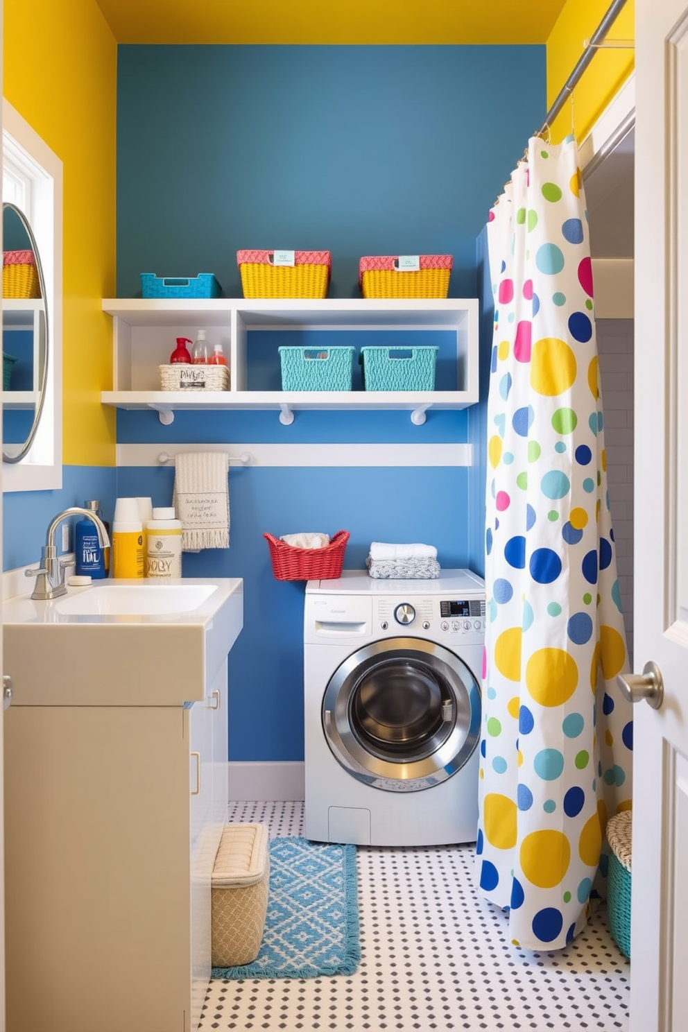 Bright lighting for functional workspace. The room features large windows that allow natural light to flood in, complemented by sleek pendant lights hanging above the desk area. Bathroom laundry room combo design ideas. The space includes a stacked washer and dryer tucked into a stylish cabinet, with a modern sink and countertop providing functionality and elegance.