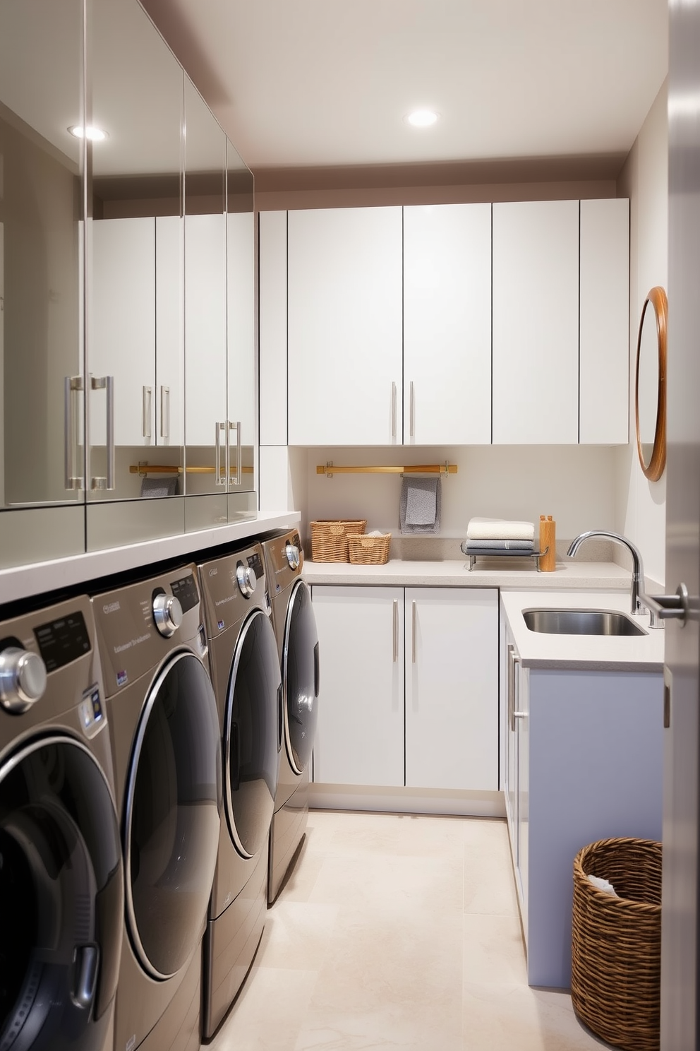 A functional laundry room featuring mirrored cabinets that enhance the sense of space and depth. The cabinets are sleek and modern, reflecting the light and creating an airy atmosphere. The laundry area includes a stylish countertop for folding clothes, with a built-in sink for convenience. Soft lighting illuminates the room, and decorative baskets add a touch of warmth and organization.