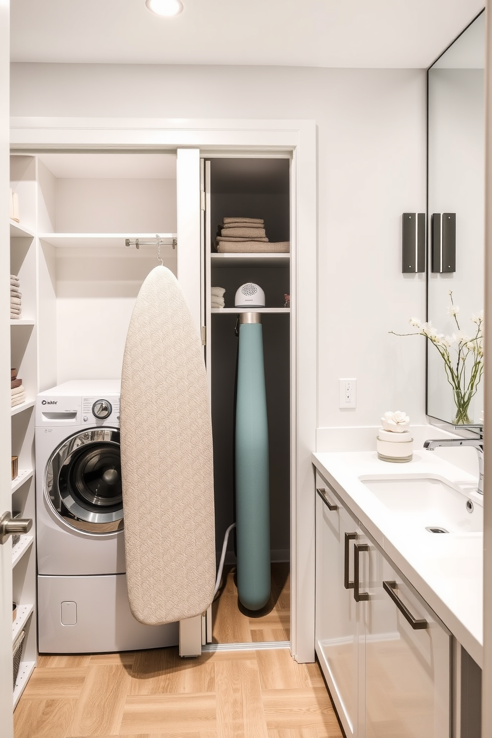 A practical laundry room features a fold-down ironing board neatly tucked into a closet. The space is designed with ample shelving for laundry supplies and a stylish countertop for folding clothes. The bathroom area includes a sleek sink with modern fixtures, complemented by a large mirror that enhances the light. Soft, neutral colors create a calming atmosphere, while decorative elements add a touch of elegance.