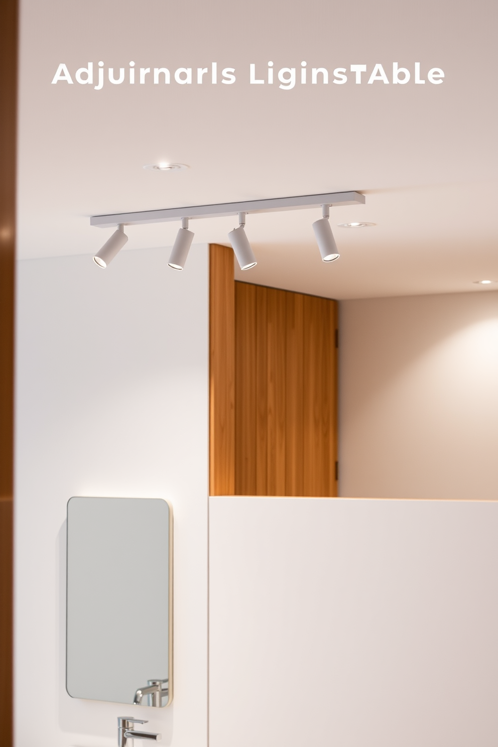 A modern bathroom featuring track lighting that allows for adjustable brightness. The sleek design includes multiple light fixtures mounted on a minimalist rail, illuminating the space with a warm glow. The lighting complements a contemporary aesthetic with clean lines and a neutral color palette. Strategically placed, the track lights enhance the functionality and ambiance of the bathroom.