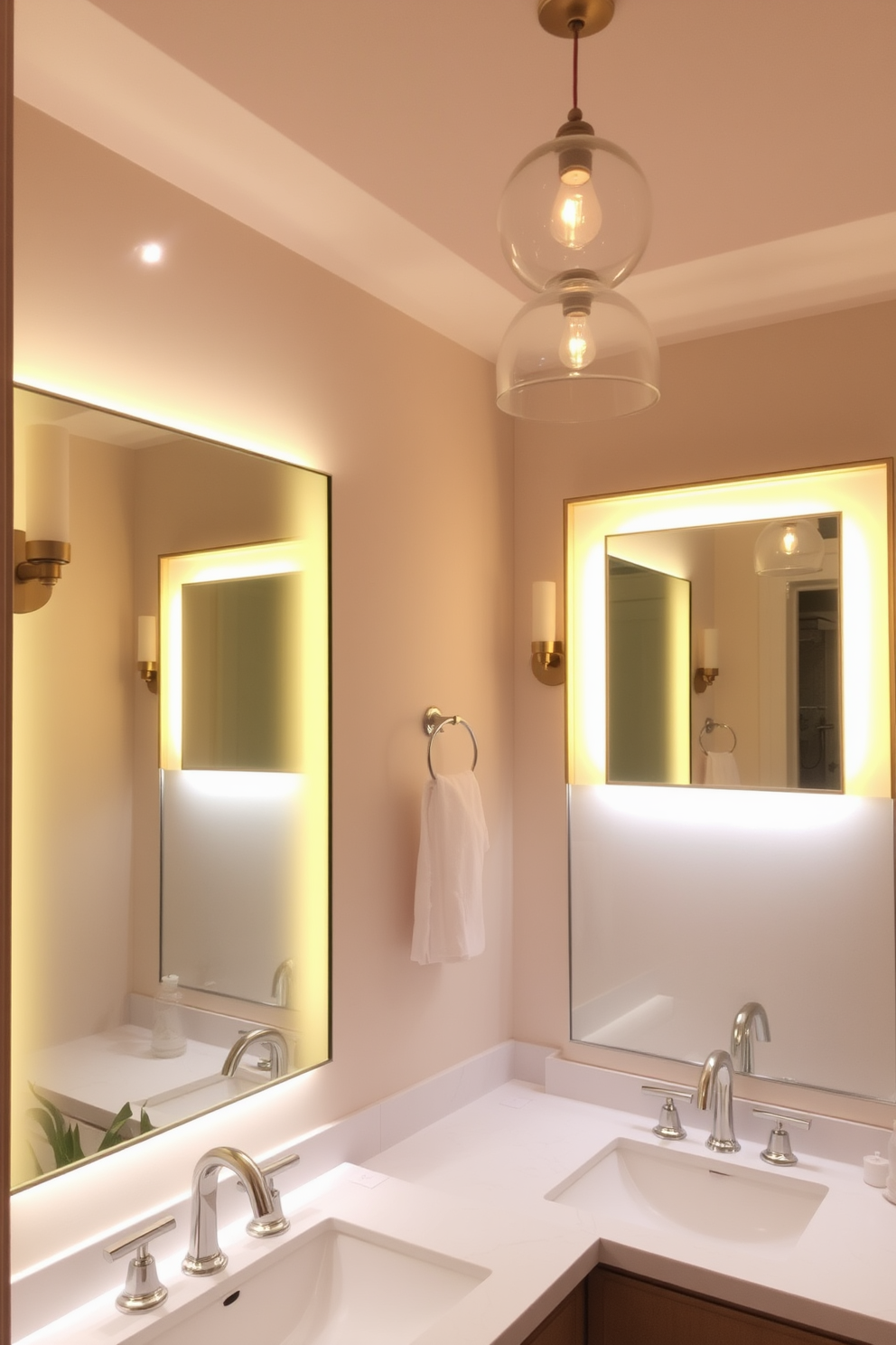 A serene bathroom ambiance is created with backlit mirrors that softly illuminate the space, enhancing the overall atmosphere. The warm glow from the mirrors complements elegant fixtures and provides functional lighting for daily routines. Strategically placed recessed lighting highlights the architectural features of the bathroom while maintaining a calming environment. Layered lighting elements, including sconces and pendant lights, add depth and sophistication to the design.