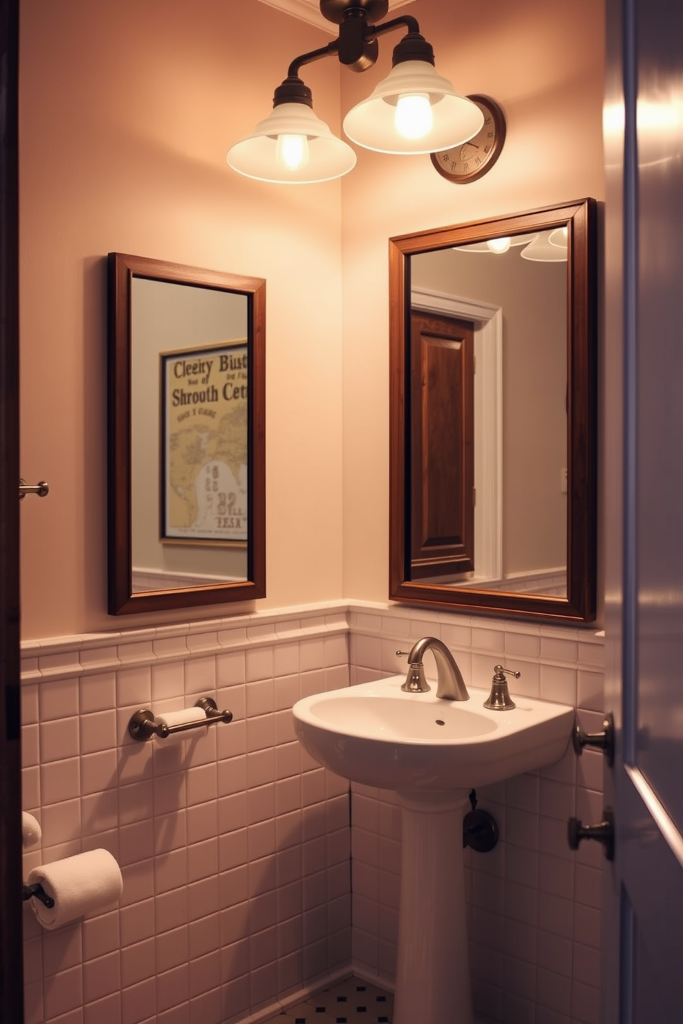 A charming bathroom illuminated by schoolhouse lights that evoke a retro feel. The soft glow from the fixtures highlights vintage-inspired tiles and a classic pedestal sink. Warm wood accents complement the nostalgic lighting, creating a cozy atmosphere. A large mirror reflects the inviting ambiance, enhancing the overall design.