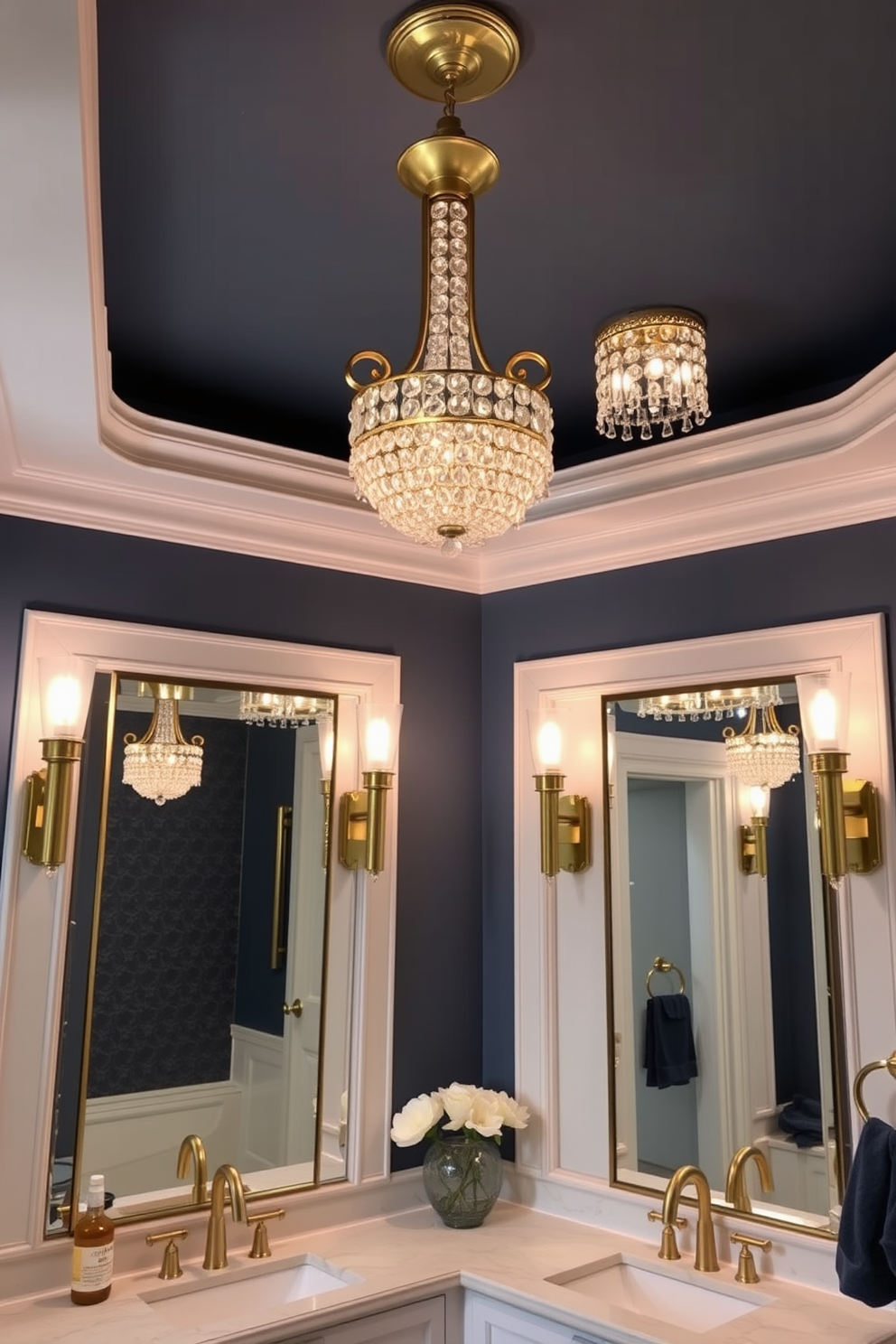 A stunning bathroom setting where statement light fixtures serve as focal points. The lighting is strategically placed above the mirrors and around the room to create an inviting atmosphere. The fixtures feature elegant designs in gold and crystal, casting a warm glow throughout the space. The overall color palette includes soft whites and deep blues, enhancing the luxurious feel of the bathroom.