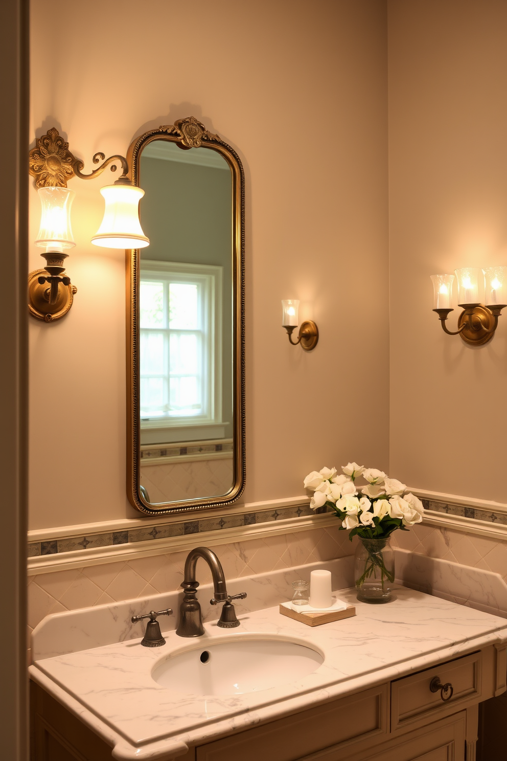 A cozy bathroom ambiance is created with elegant wall sconces flanking the mirror, casting a warm glow across the space. The sconces feature intricate designs in brushed nickel, complementing the overall aesthetic of the bathroom. The lighting design incorporates dimmable features to allow for customizable brightness, enhancing relaxation during evening baths. Soft white bulbs illuminate the area, providing a flattering light for daily routines while maintaining a serene atmosphere.