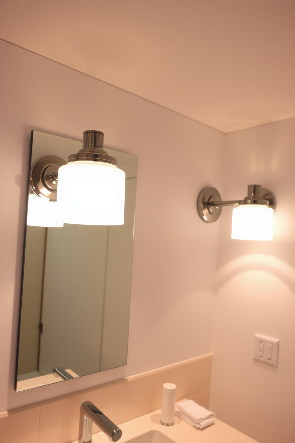 A contemporary bathroom featuring smart lighting that adjusts to various moods and activities. Recessed LED lights are installed in the ceiling, providing a warm glow, while wall sconces on either side of the mirror offer additional illumination. The lighting can be controlled via a smartphone app, allowing for customizable settings for relaxation, grooming, or entertaining. A sleek, minimalist design complements the overall aesthetic, with a focus on functionality and style.