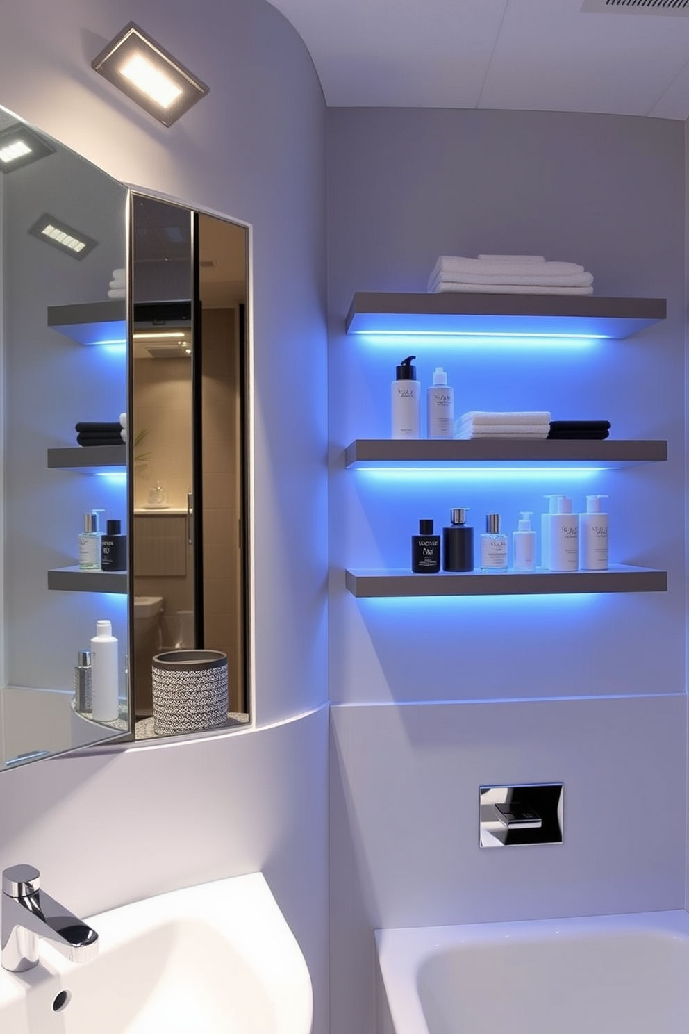 A modern bathroom featuring floating shelves that are illuminated by built-in LED lights. The shelves display neatly arranged toiletries and decorative items, creating a stylish and functional space. The lighting design incorporates sleek fixtures that provide soft ambient light while highlighting the shelves. The overall aesthetic is contemporary and inviting, enhancing the bathroom's atmosphere.