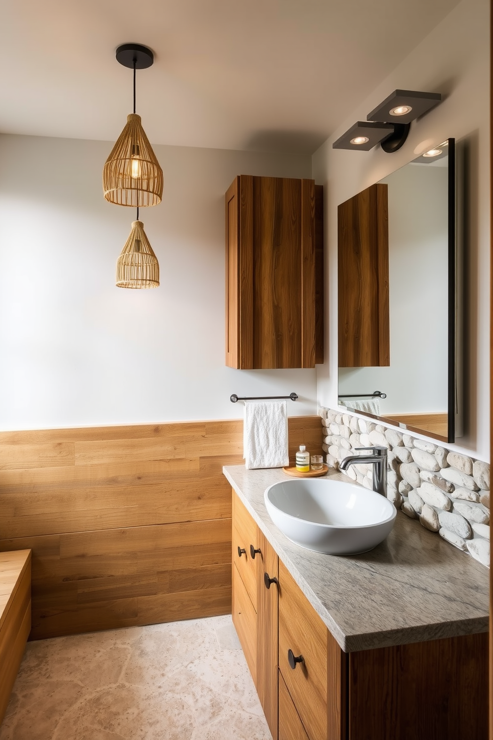 A serene bathroom ambiance featuring natural materials such as reclaimed wood and smooth river stones. The wooden cabinetry is complemented by a stone backsplash that adds texture and warmth. The lighting design incorporates soft, warm LED fixtures that create a relaxing atmosphere. Pendant lights made of natural fibers hang gracefully above the vanity, casting a gentle glow.