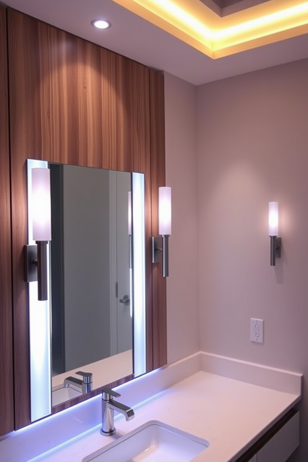 A cozy bathroom ambiance is created with warm white bulbs that emit a soft and inviting glow. The lighting is strategically placed to enhance the overall design while providing a soothing atmosphere for relaxation. Sconces on either side of the mirror cast gentle light, complementing the natural materials used in the space. Pendant lights above the soaking tub add an elegant touch, creating a focal point that draws the eye and enhances the serene environment.