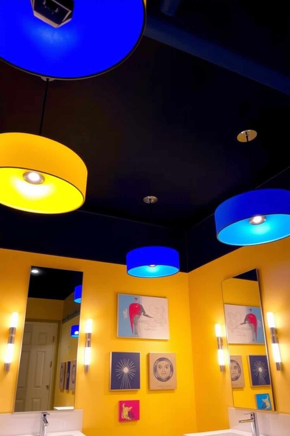 A vibrant bathroom lighting design featuring bold colors in the light fixtures to create a striking visual impact. The ceiling is adorned with oversized pendant lights in a mix of deep blue and bright yellow, casting a warm glow across the space. Accent lights are strategically placed around the mirrors, highlighting the sleek finishes of the vanity. The overall ambiance is enhanced by a playful mix of colorful wall art that complements the lighting design.