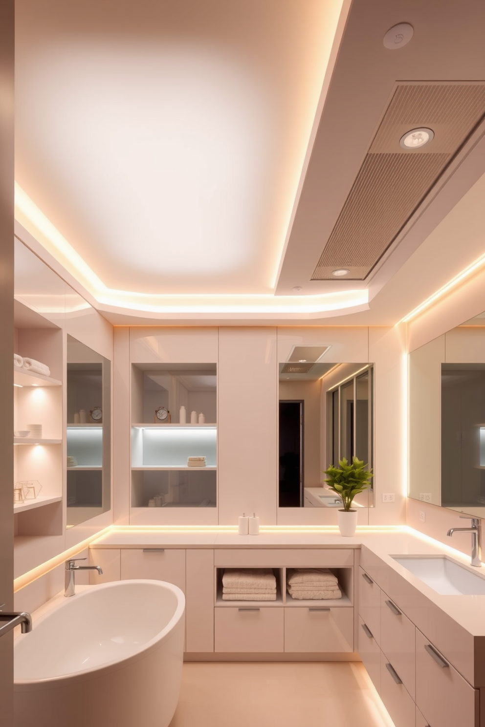 A modern bathroom lighting design featuring touch-sensitive lights integrated into the ceiling for convenience. The warm white glow illuminates the space, creating a serene ambiance while highlighting the sleek fixtures and finishes throughout the room. Incorporate adjustable wall sconces on either side of a large vanity mirror to enhance functionality and style. The combination of overhead lighting and strategically placed accents ensures a well-lit environment for daily routines.