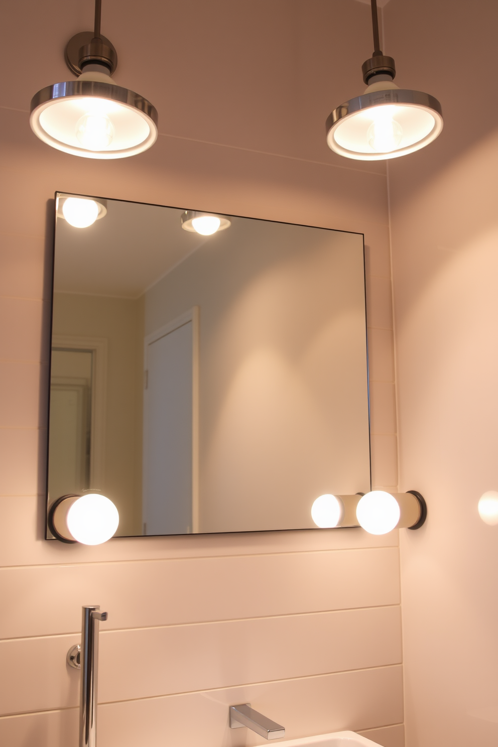 A modern bathroom lighting design featuring sleek LED bulbs that provide energy efficiency and a warm ambiance. The fixtures are strategically placed to illuminate the space, highlighting a contemporary mirror and accentuating the elegant tiles. The lighting is complemented by minimalist sconces on either side of the mirror, creating a balanced and inviting atmosphere. Soft shadows dance across the walls, enhancing the overall aesthetic of the room while maintaining functionality.