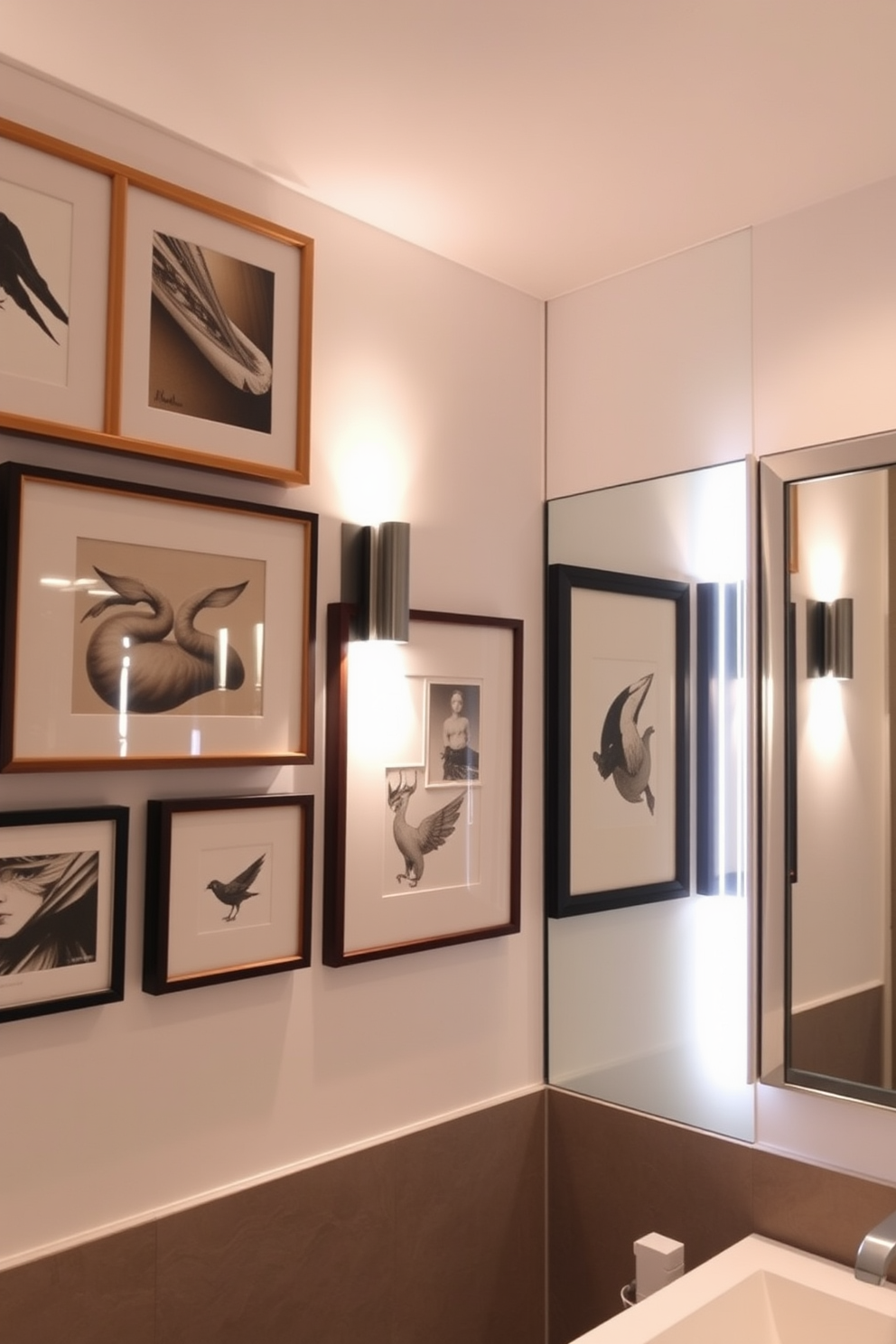 A gallery wall featuring various framed artworks is illuminated by strategically placed accent lighting. The soft glow highlights the textures and colors of the pieces, creating a warm and inviting atmosphere. A modern bathroom is designed with layered lighting that combines ambient, task, and accent features. Sleek sconces and recessed lights enhance the overall aesthetic while providing functional illumination for daily routines.