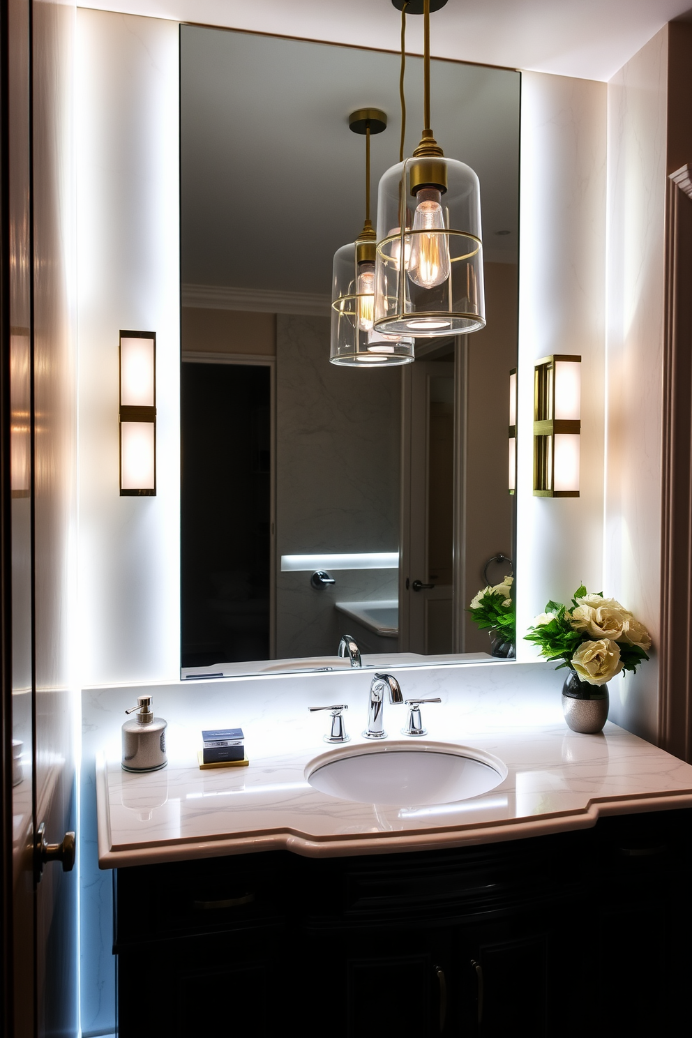 A stylish bathroom setting featuring pendant lights elegantly hanging above the vanity. The warm glow of the lights enhances the ambiance, creating a cozy and inviting atmosphere. The vanity boasts a sleek design with a polished countertop and ample storage space. Soft, neutral colors on the walls complement the lighting, adding a touch of sophistication to the overall design.