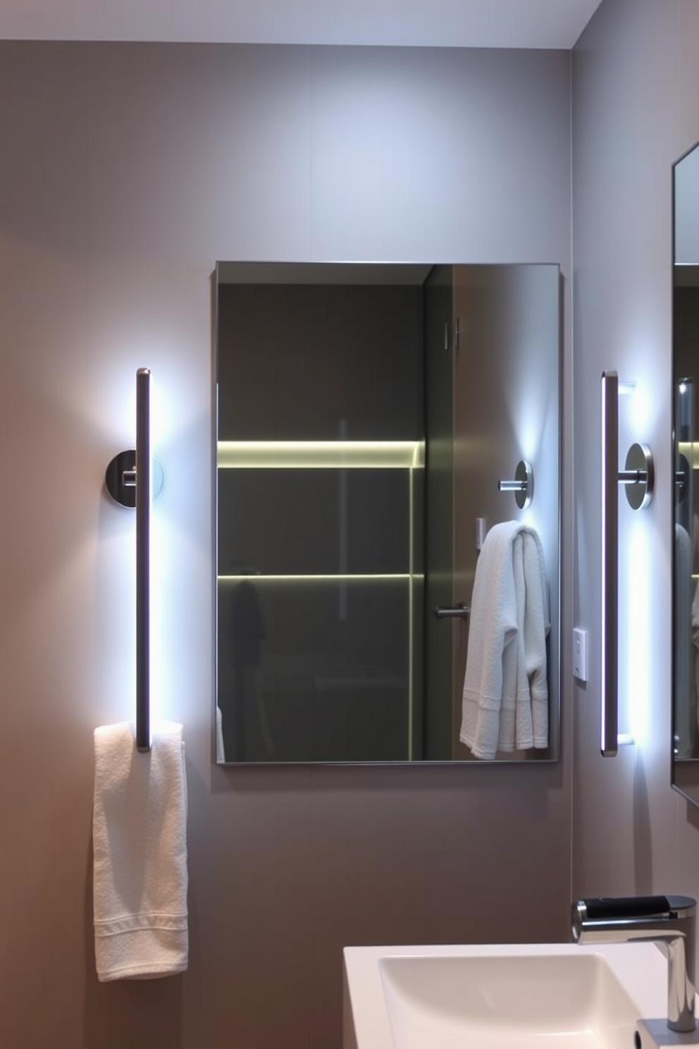 A modern bathroom featuring sleek lighted towel bars that enhance both functionality and style. The towel bars are elegantly integrated into the design, providing convenience while maintaining a polished aesthetic. Soft ambient lighting illuminates the space, creating a warm and inviting atmosphere. Stylish light fixtures are strategically placed to highlight key areas, ensuring both practicality and visual appeal.