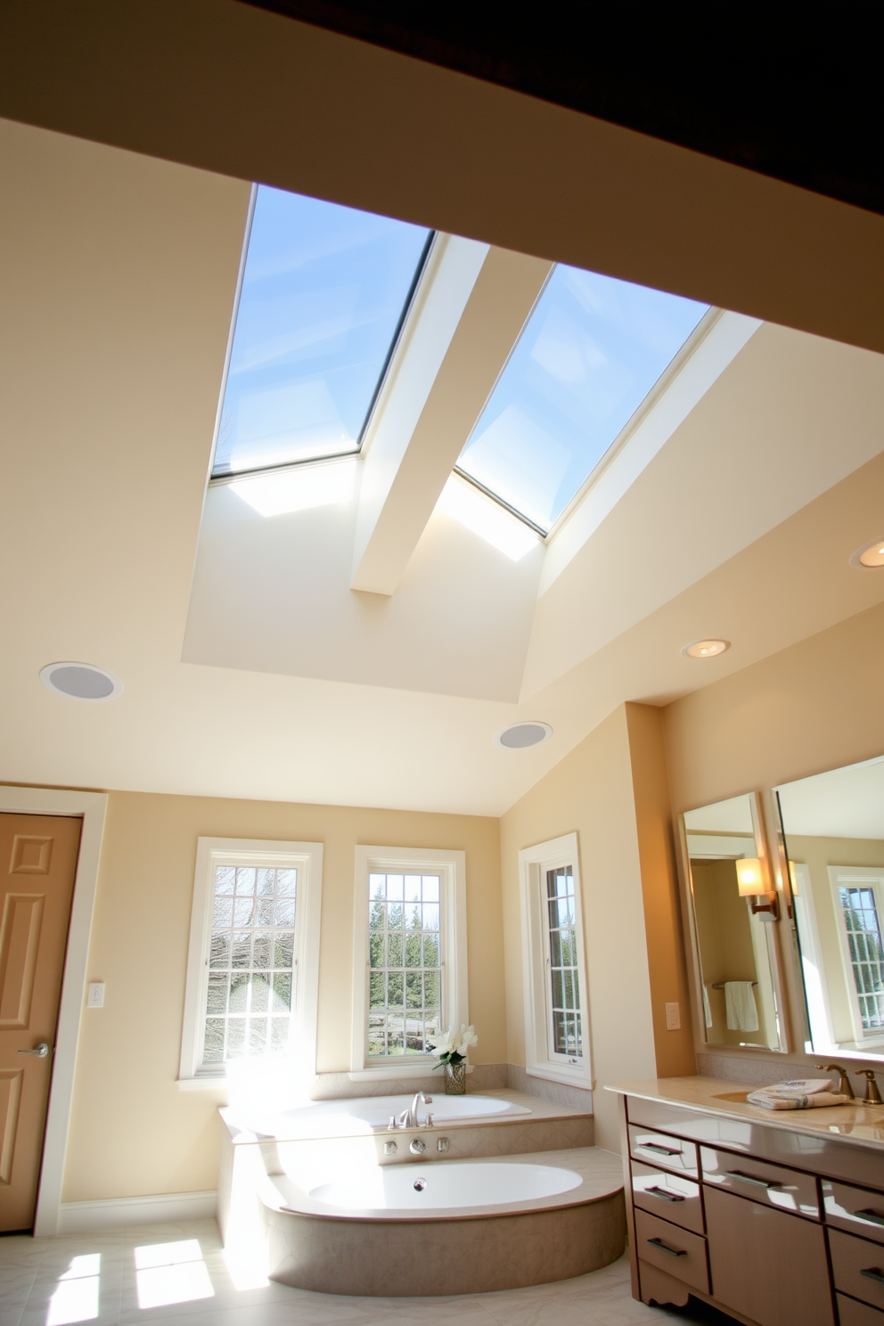 A spacious bathroom with skylights that flood the room with natural daylight. The skylights are strategically placed above the soaking tub, enhancing the serene atmosphere while illuminating the elegant tile work. Soft ambient lighting fixtures are incorporated into the design, providing a warm glow during the evening. Recessed lights around the mirrors ensure that the space is both functional and inviting, creating a perfect balance of light and shadow.