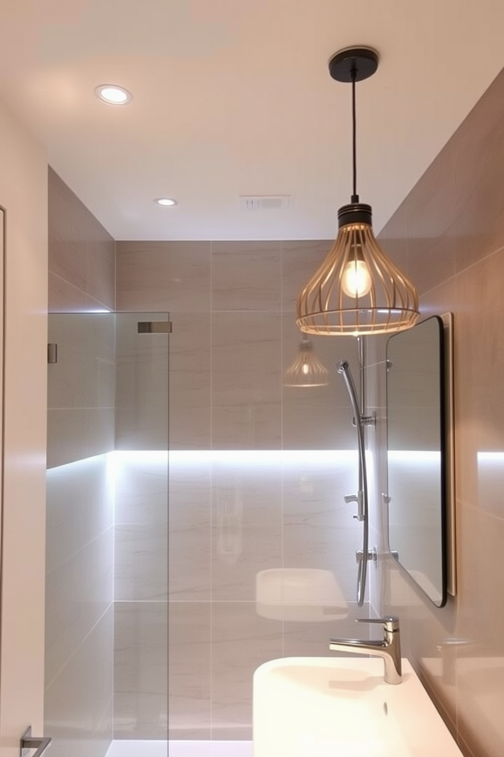 A modern bathroom featuring LED strip lights installed in the shower area. The lights create a soft ambient glow that highlights the sleek tiles and enhances the overall atmosphere of relaxation. The lighting design incorporates recessed ceiling lights that provide even illumination throughout the space. A stylish pendant light hangs above the vanity, adding a touch of elegance to the bathroom's aesthetic.