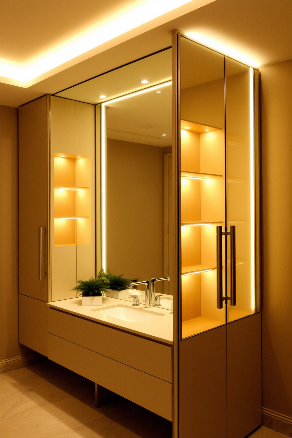 A sleek bathroom features backlit mirrors that enhance the modern aesthetic. The soft glow from the mirrors creates an inviting ambiance, perfectly complementing the minimalist decor. Strategically placed lighting fixtures illuminate the space while providing functional brightness. Warm-toned lights accentuate the elegant features, making the bathroom a serene retreat.