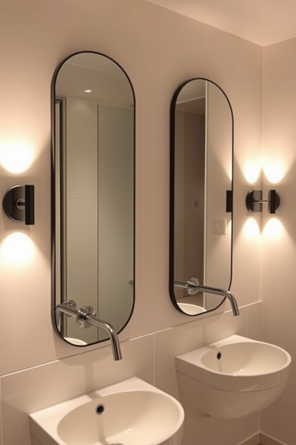 A modern bathroom featuring wall-mounted fixtures beside sleek mirrors. The lighting is soft and warm, creating an inviting atmosphere while enhancing the elegance of the space.