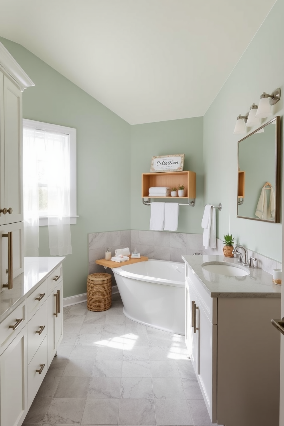 A serene bathroom space featuring soft sage green walls that create a calming atmosphere. The decor includes white cabinetry with brushed nickel hardware and a large soaking tub positioned under a window with sheer curtains. The floor is adorned with light gray tiles, providing a modern touch. Accents of natural wood in the shelving and accessories add warmth to the overall design.