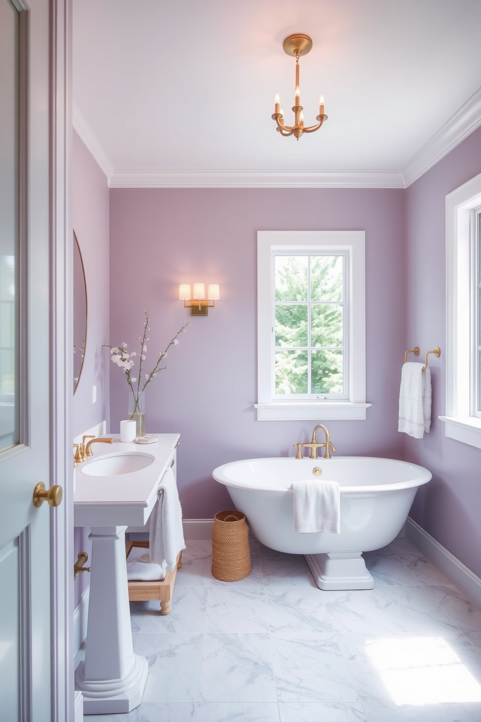 A serene bathroom space features dusty lavender walls that create a calming atmosphere. The soft hue pairs beautifully with white fixtures and natural wood accents for a cohesive look. Incorporate elegant details such as brushed gold hardware and plush towels to enhance the overall design. A large window allows natural light to flood the space, highlighting the soothing color palette.