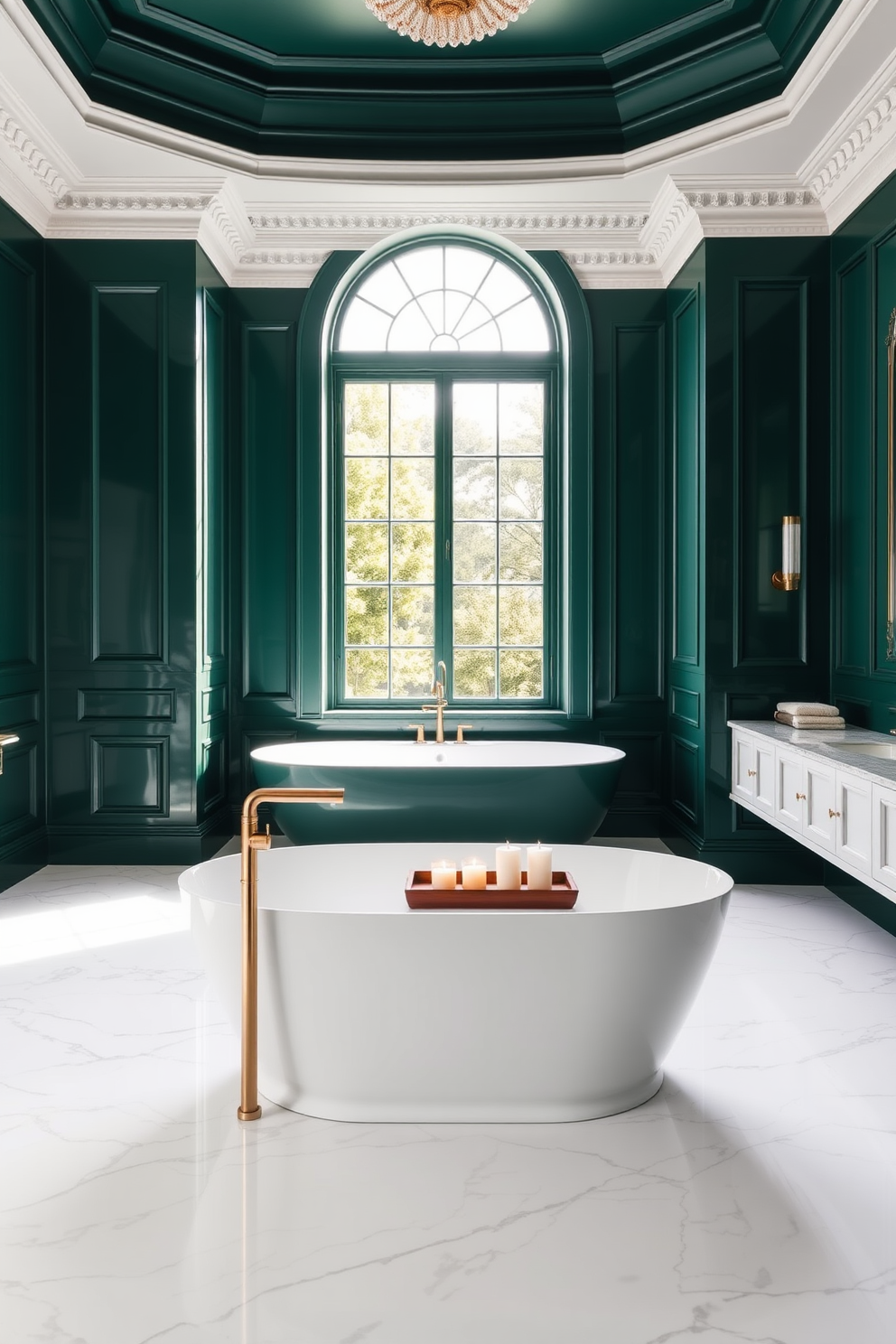 A serene bathroom space featuring subtle mint green walls that create a fresh and calming atmosphere. The design includes elegant fixtures and accessories that complement the soothing color palette, enhancing the overall aesthetic. The floor is adorned with light-colored tiles that contrast beautifully with the mint green walls. Accents of natural wood and soft white textiles add warmth and texture to the space, creating a harmonious balance.