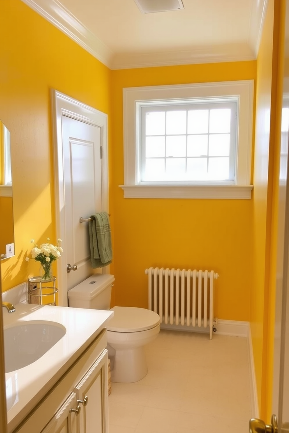 A sunny yellow bathroom exudes a cheerful ambiance that brightens the space. The walls are painted in a warm shade of yellow, complemented by white trim and accents. The vanity features a sleek white countertop with a modern sink. Natural light streams in through a frosted window, enhancing the vibrant atmosphere.