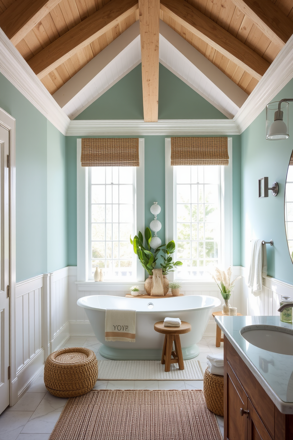 A serene bathroom retreat with soft aqua walls that evoke a calming beach atmosphere. The space features a freestanding soaking tub surrounded by natural wood accents and woven textures. Bright white trim contrasts beautifully with the aqua paint, enhancing the airy feel of the room. A large window allows natural light to flood in, showcasing coastal-themed decor and fresh greenery.