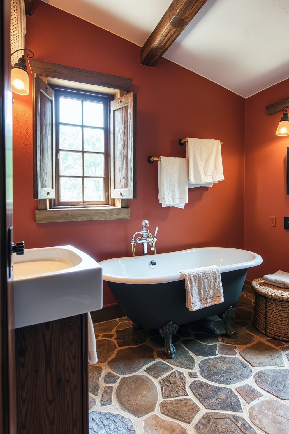 A cozy bathroom featuring earthy terracotta walls that exude rustic charm. The space is complemented by natural wood accents and a vintage-style freestanding tub. The floor is adorned with textured stone tiles that enhance the earthy aesthetic. Soft, warm lighting creates an inviting atmosphere, perfect for relaxation.