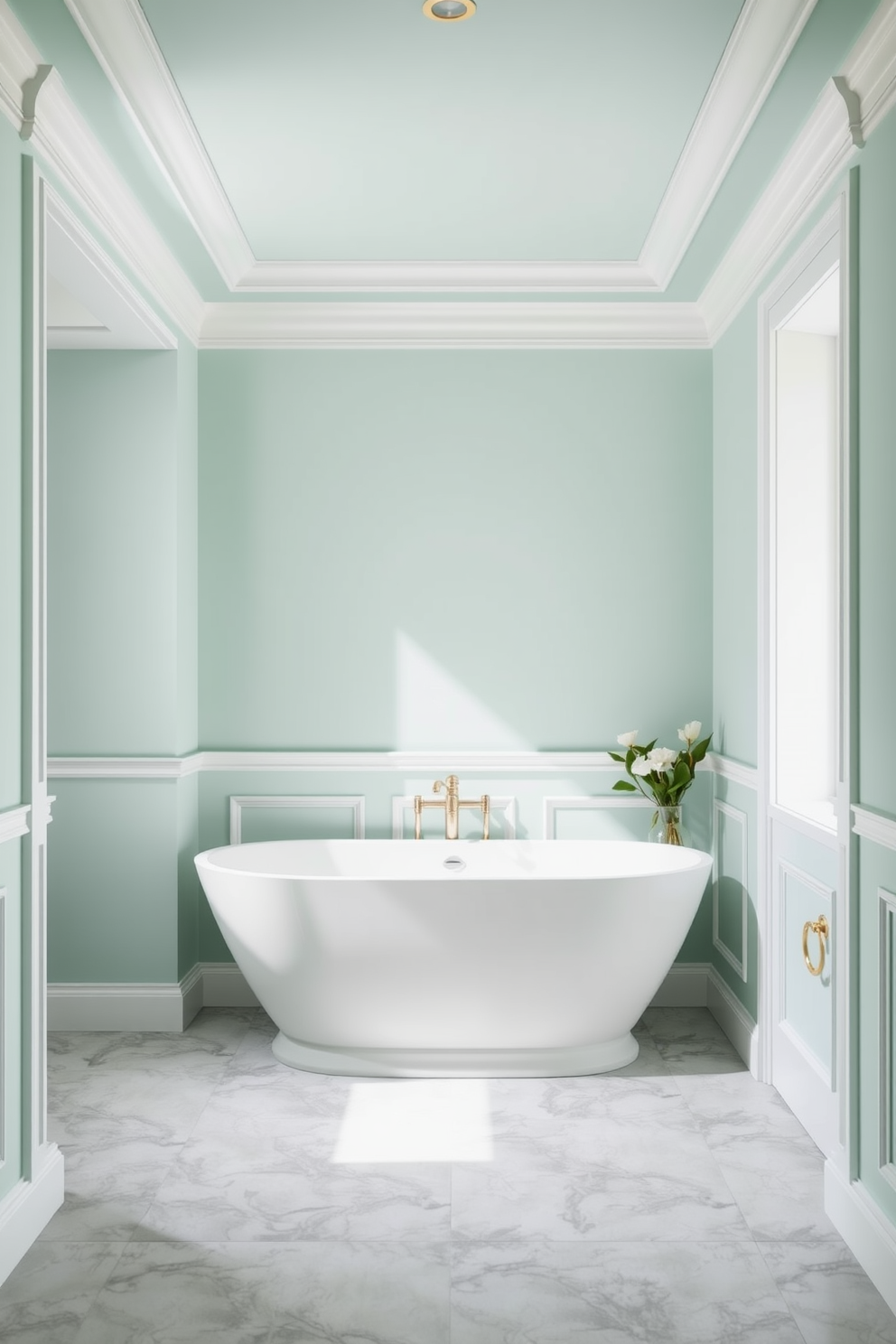 A serene bathroom space featuring cool mint green walls that evoke a sense of freshness and tranquility. The color is complemented by white trim and accents, creating a bright and inviting atmosphere. The floor is adorned with light gray tiles that enhance the modern aesthetic. A sleek freestanding bathtub sits elegantly against the wall, inviting relaxation and comfort.