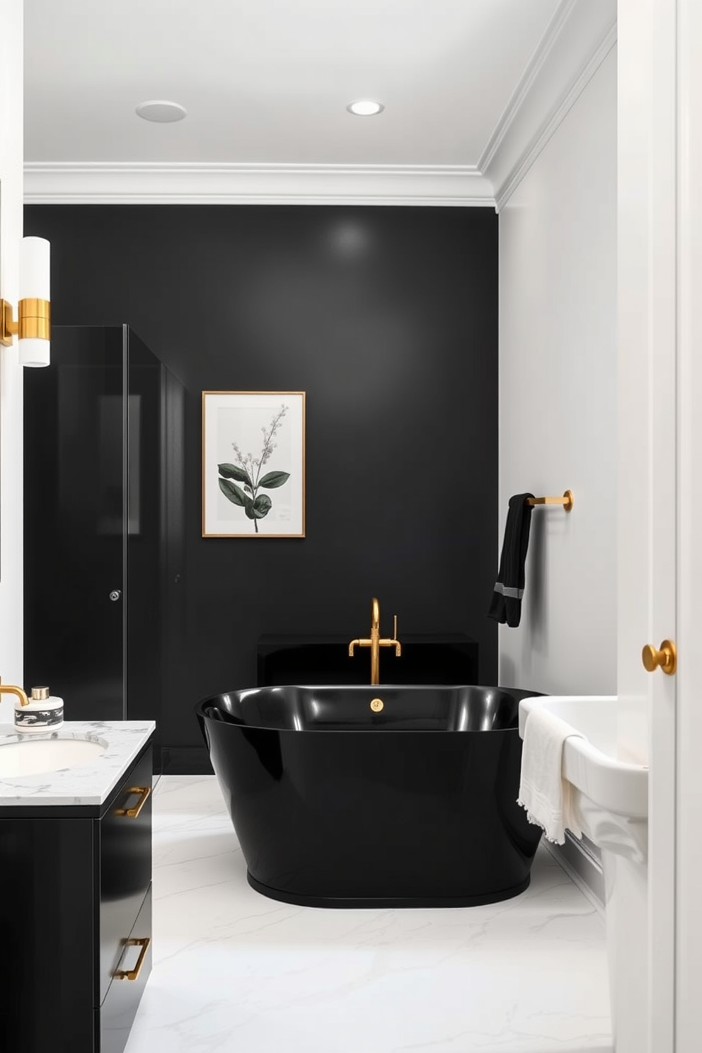 A bold black accent wall creates a striking contrast against the soft white walls in this contemporary bathroom. The combination of deep charcoal and light hues enhances the overall elegance, making the space feel both modern and inviting. The bathroom features a sleek black freestanding tub that serves as a stunning focal point. Complemented by gold fixtures and a chic marble floor, the design exudes luxury and sophistication.