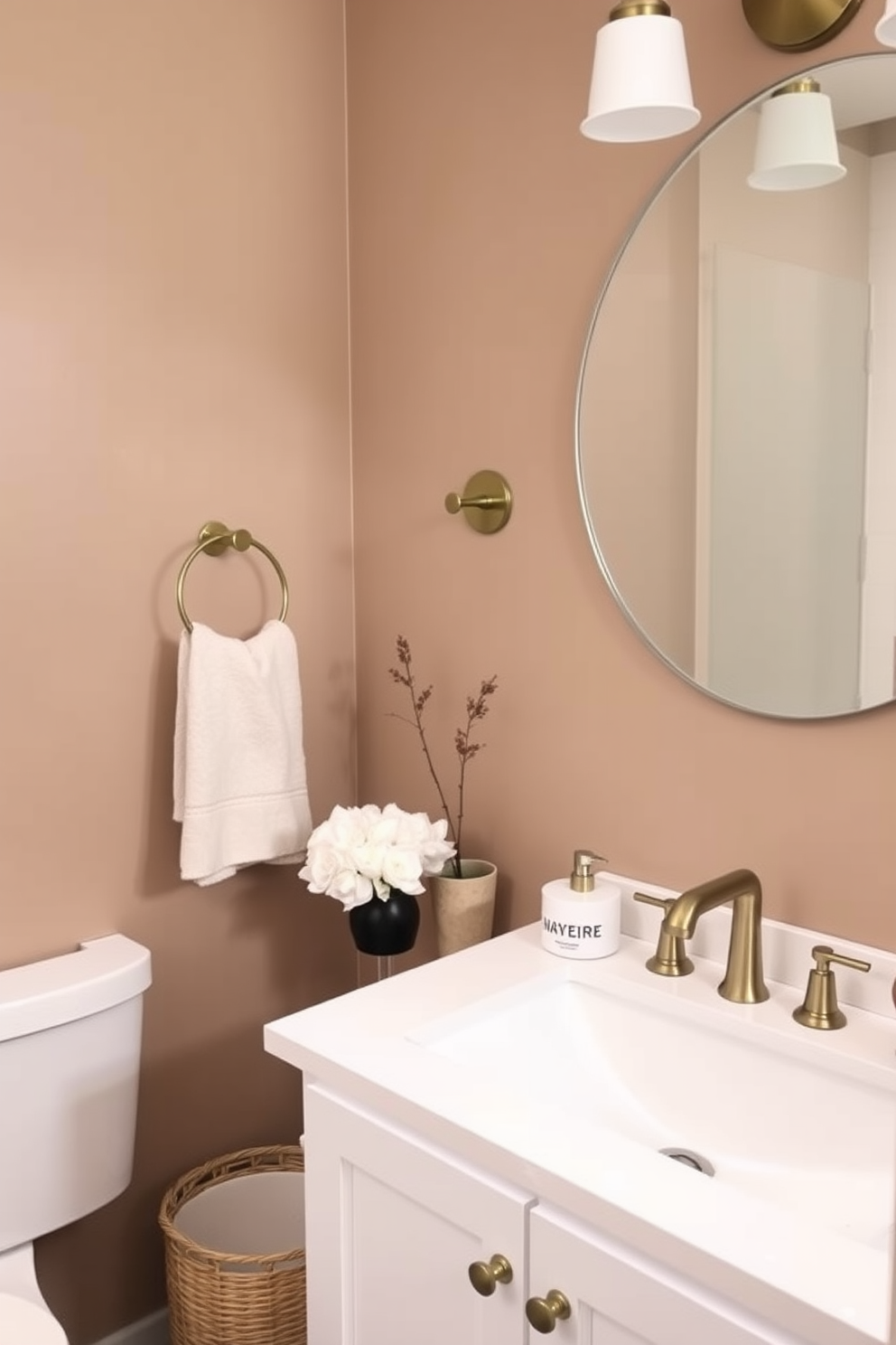 A rustic olive green bathroom features natural wood accents and soft lighting. The walls are painted in a soothing olive green, complemented by a reclaimed wood vanity with a white ceramic sink. The floor is adorned with large, textured tiles in earthy tones, creating a warm and inviting atmosphere. Decorate with potted plants and woven baskets to enhance the natural aesthetic.