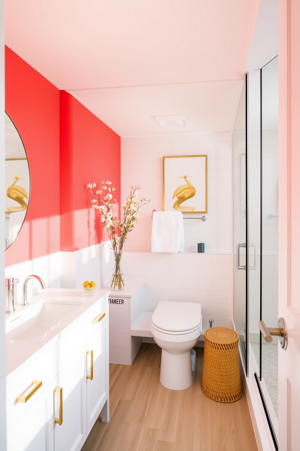 Bright coral paint covers the walls of a modern bathroom, creating a vibrant and cheerful atmosphere. The color is complemented by white cabinetry and sleek chrome fixtures, enhancing the overall brightness of the space. Accents of gold and natural wood elements add warmth and sophistication to the design. A large mirror with a minimalist frame reflects the lively coral hue, making the bathroom feel even more spacious and inviting.