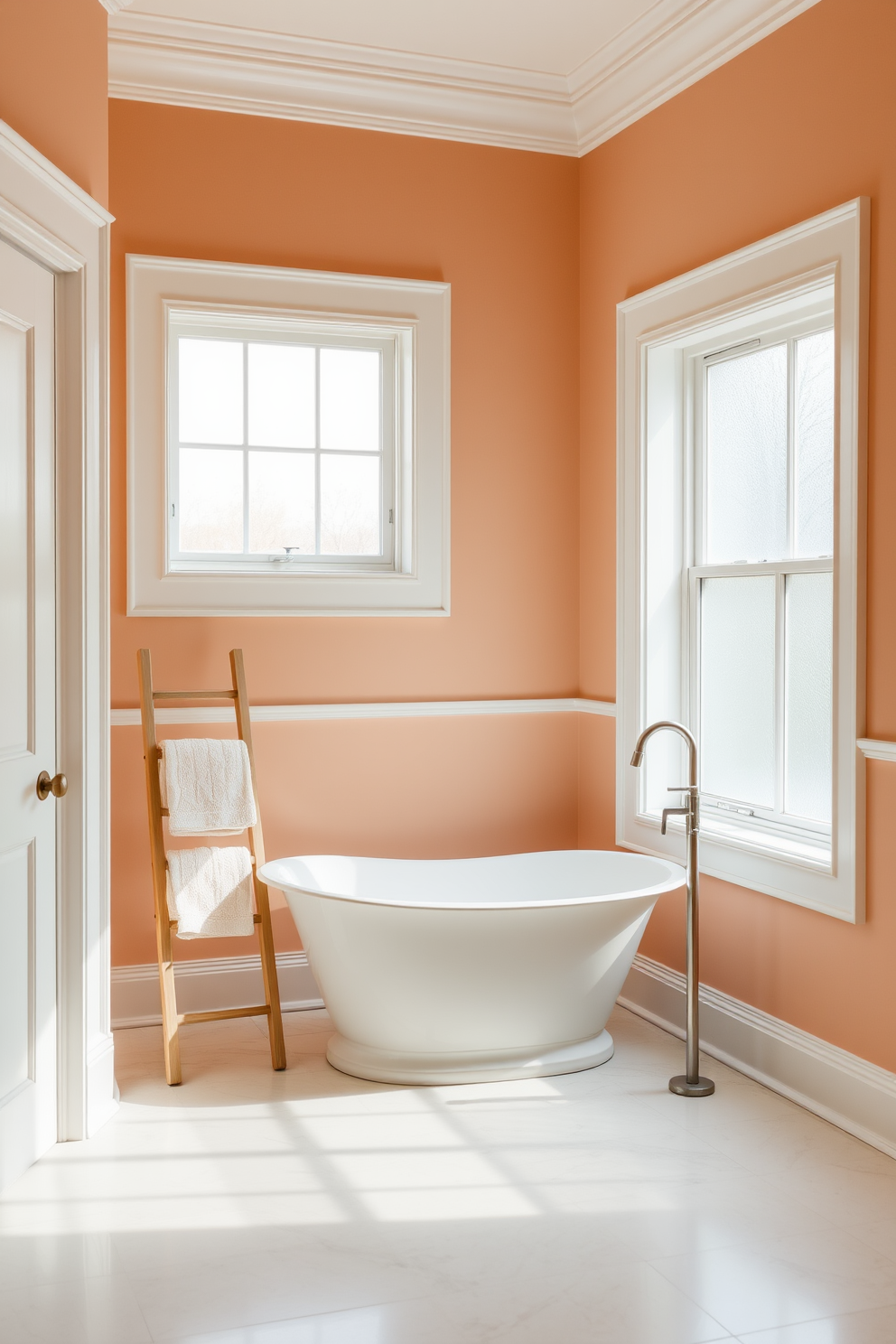 A serene bathroom space featuring subtle peach walls that create a warm and inviting atmosphere. The color is complemented by white trim and accents, enhancing the overall elegance of the design. Natural light floods the room through a frosted window, illuminating a modern freestanding bathtub positioned near the center. Plush towels in soft cream tones are neatly arranged on a stylish ladder rack beside the tub.